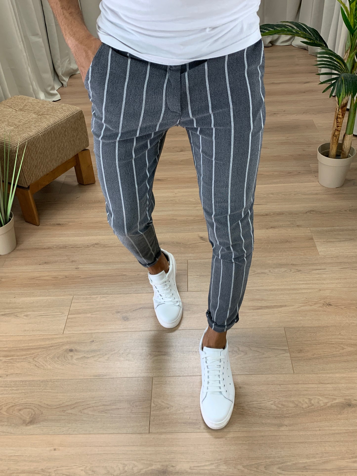 Pantalone Stretch Gessato Slim Fit col. Grigio
