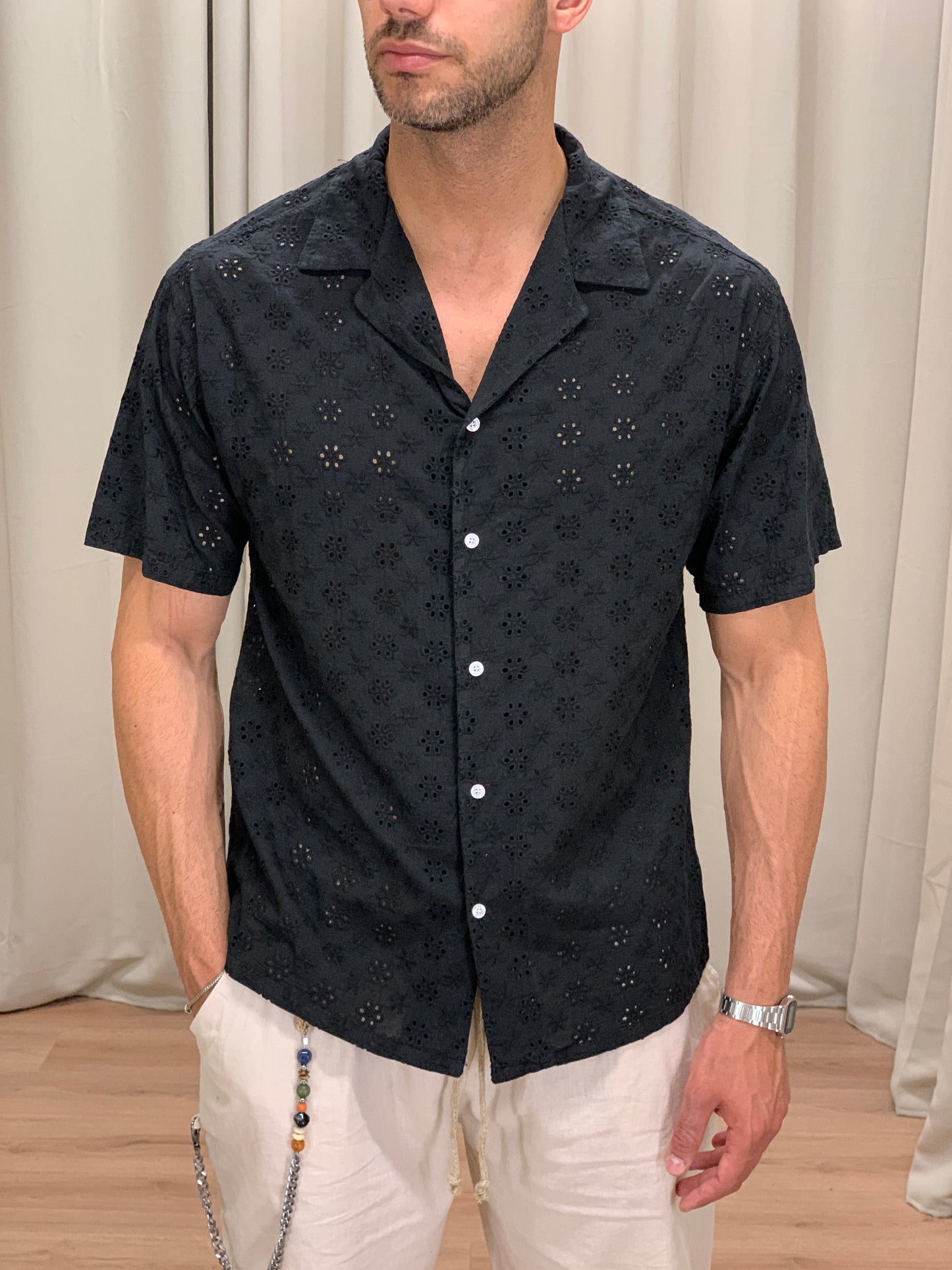 Camicia Jamal con Trama traforata col. Nero