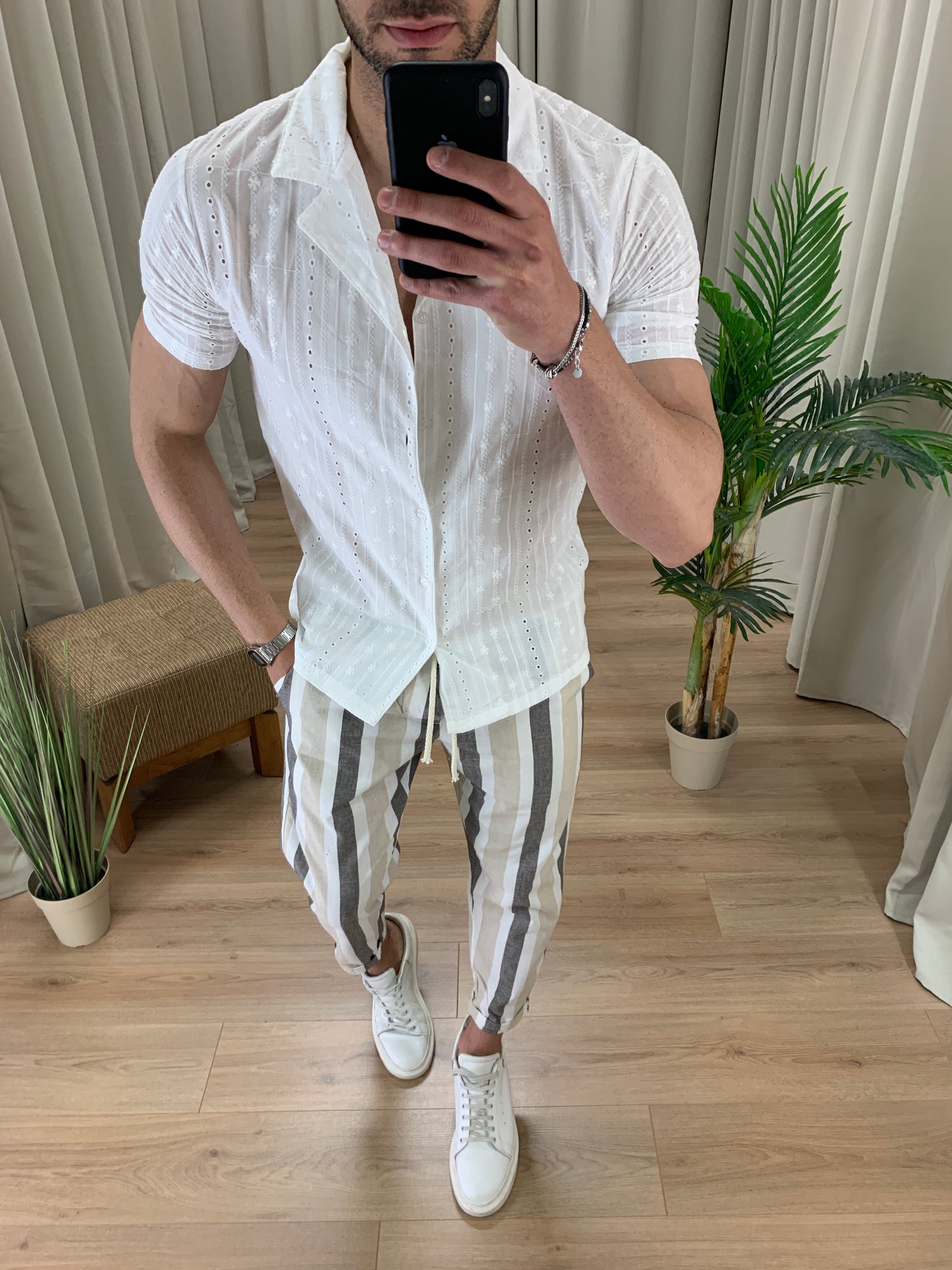 Camicia effetto Lino trama araba col. Bianco