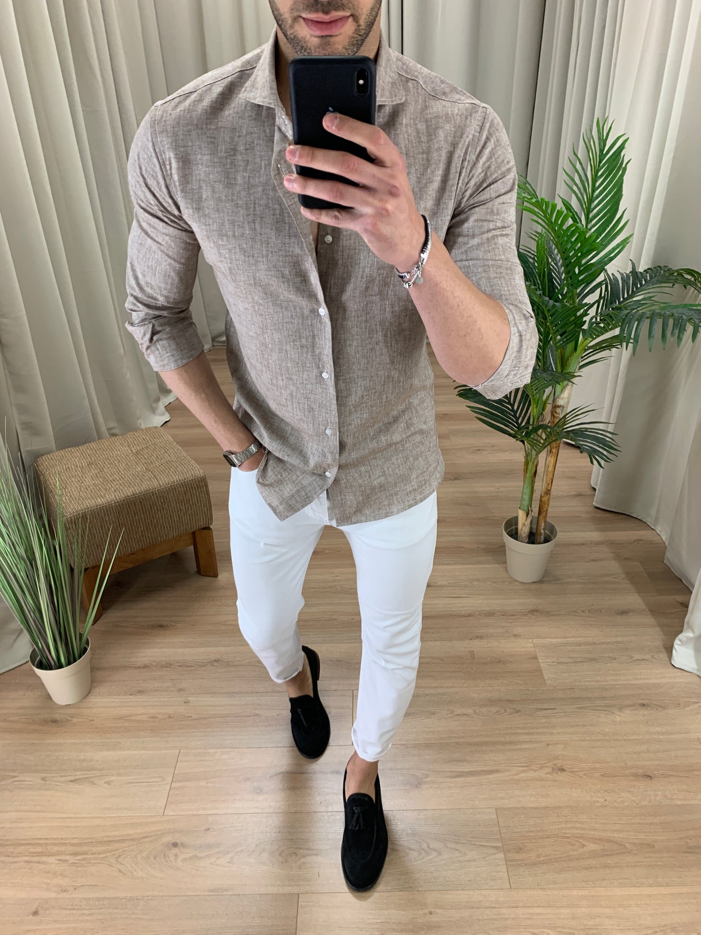 Camicia Capri in Lino collo classico col. Tortora