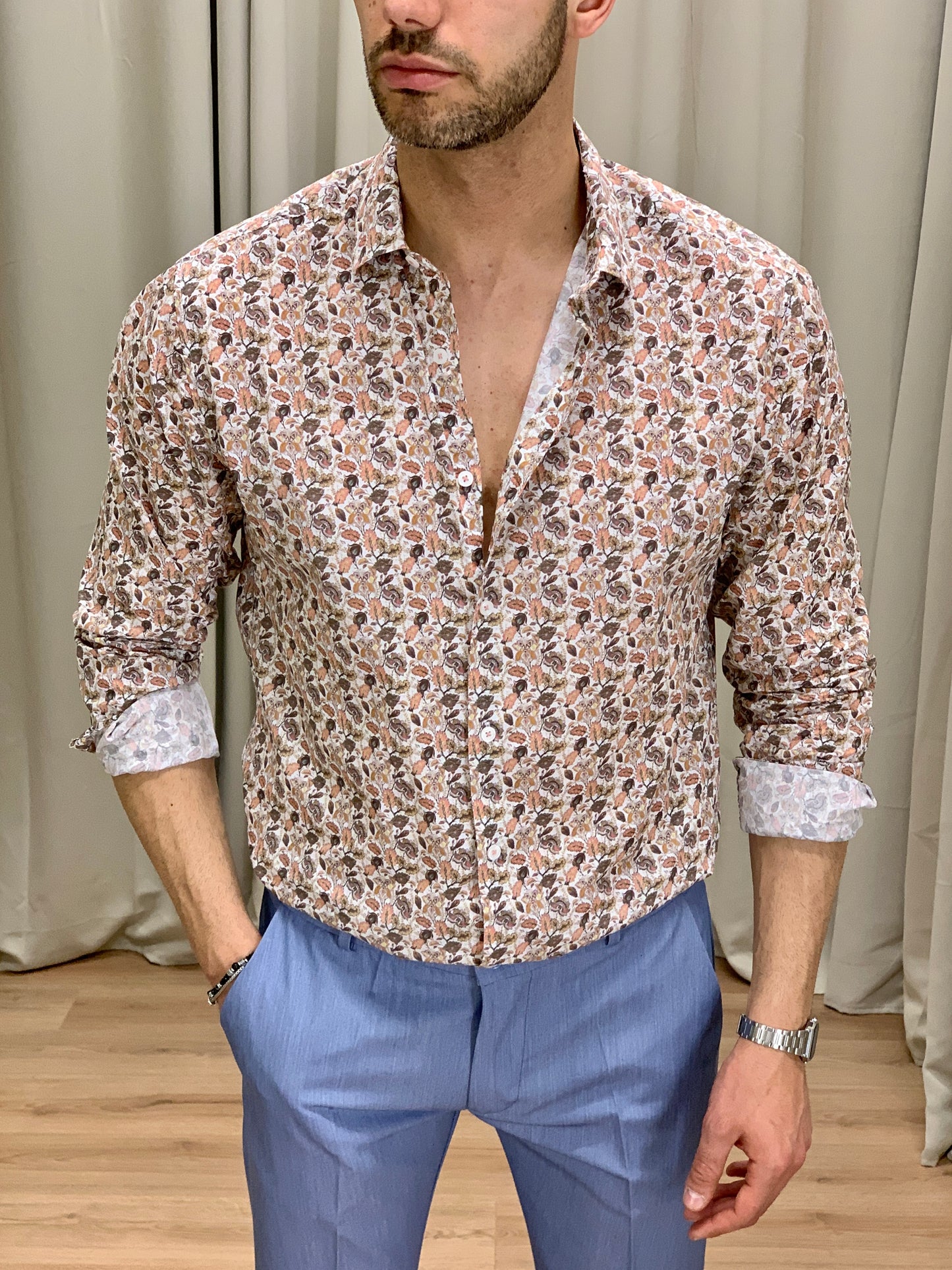 Camicia Foresta in Fiore in Cotone con Fantasia col. Bianco