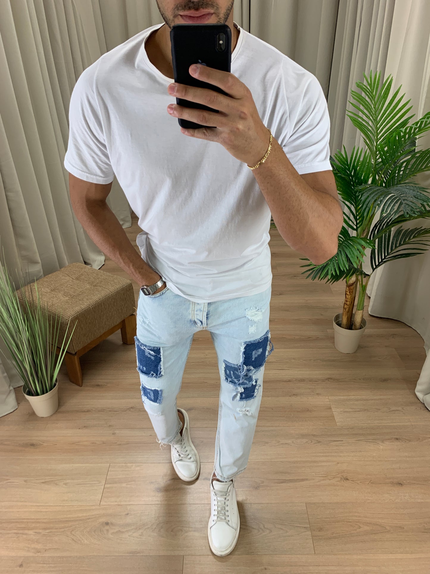 Jeans Boomber con Toppe a Contrasto e in Rilievo col. Denim