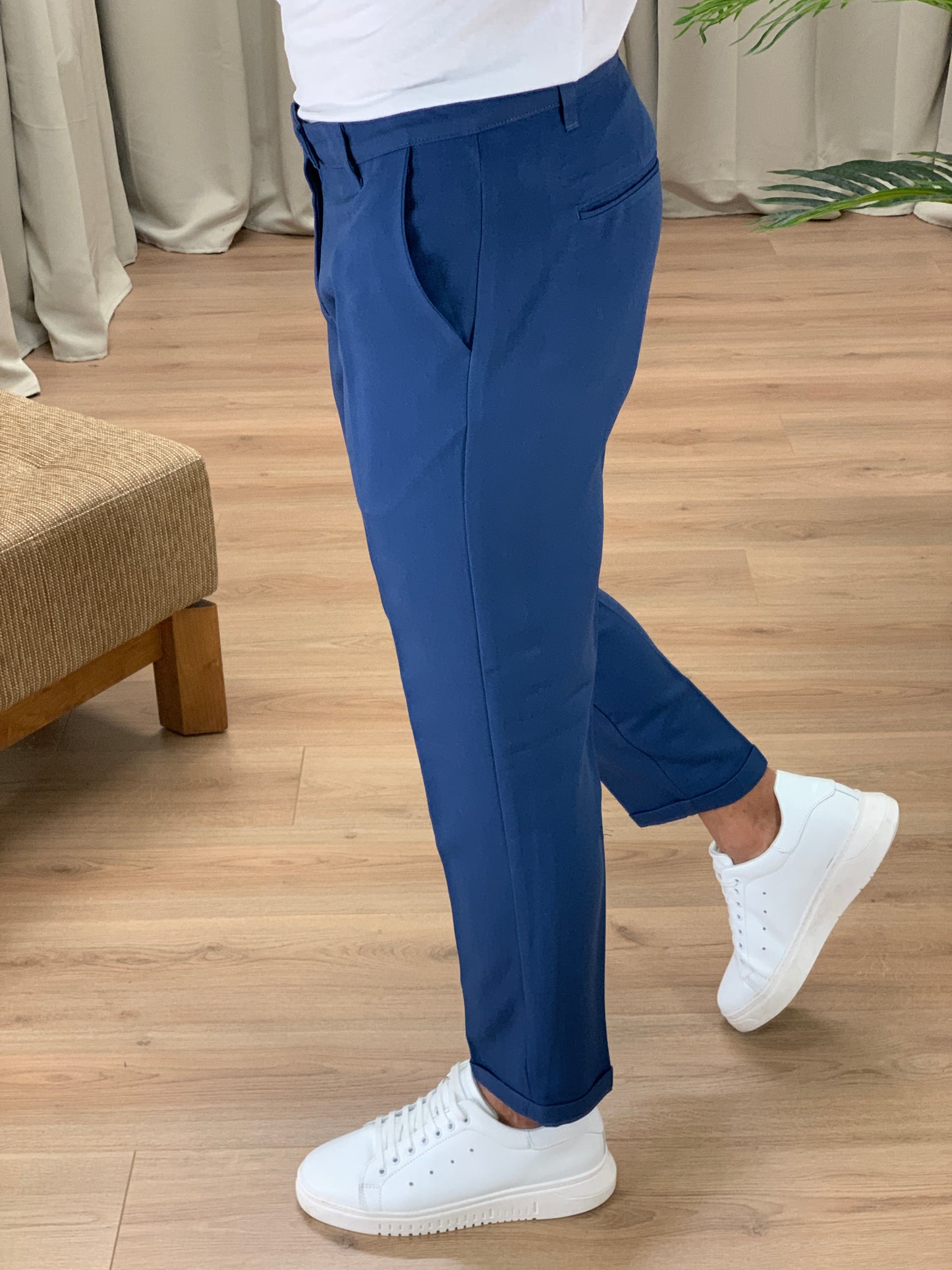Pantalone Lugano con risvolto col. Blu