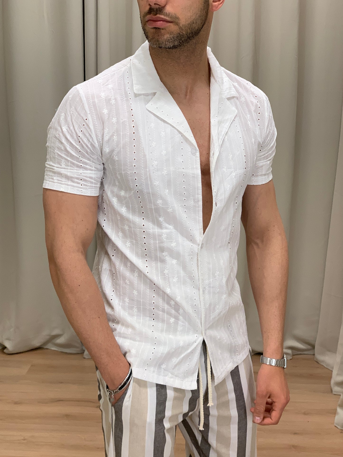 Camicia effetto Lino trama araba col. Bianco