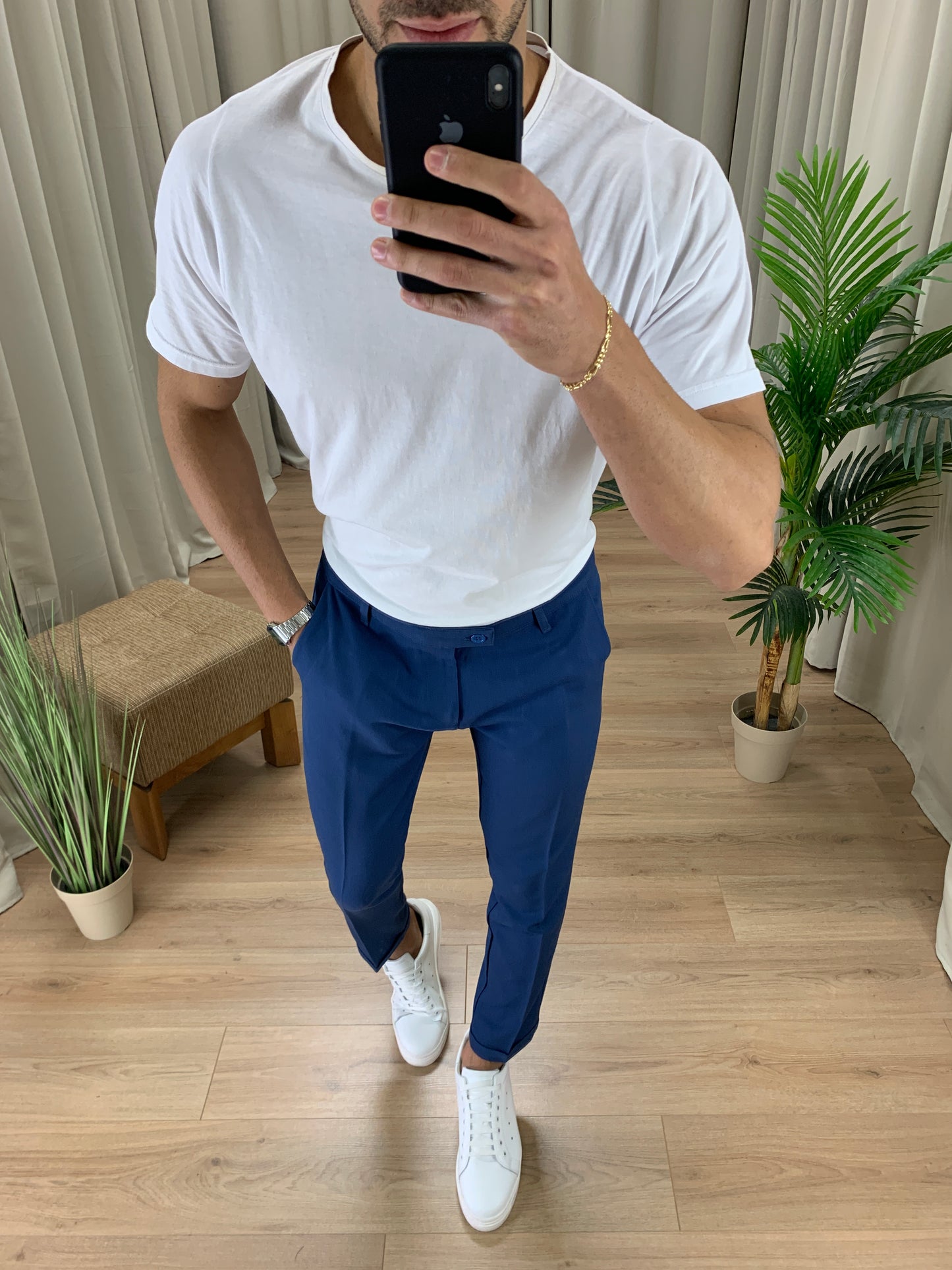 Pantalone Lugano con risvolto col. Blu