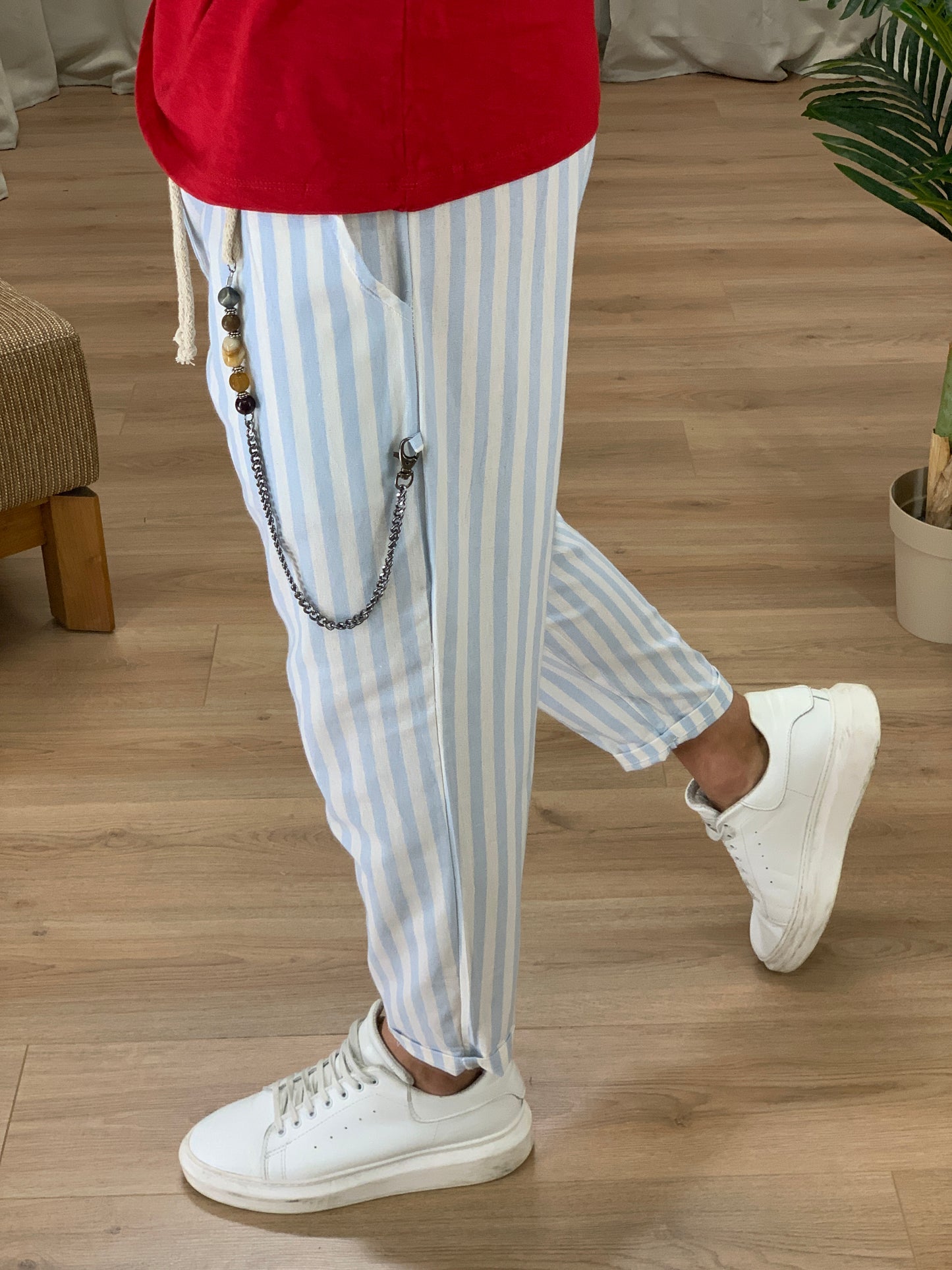 Pantalaccio Estasi in Lino a righe col. Celeste