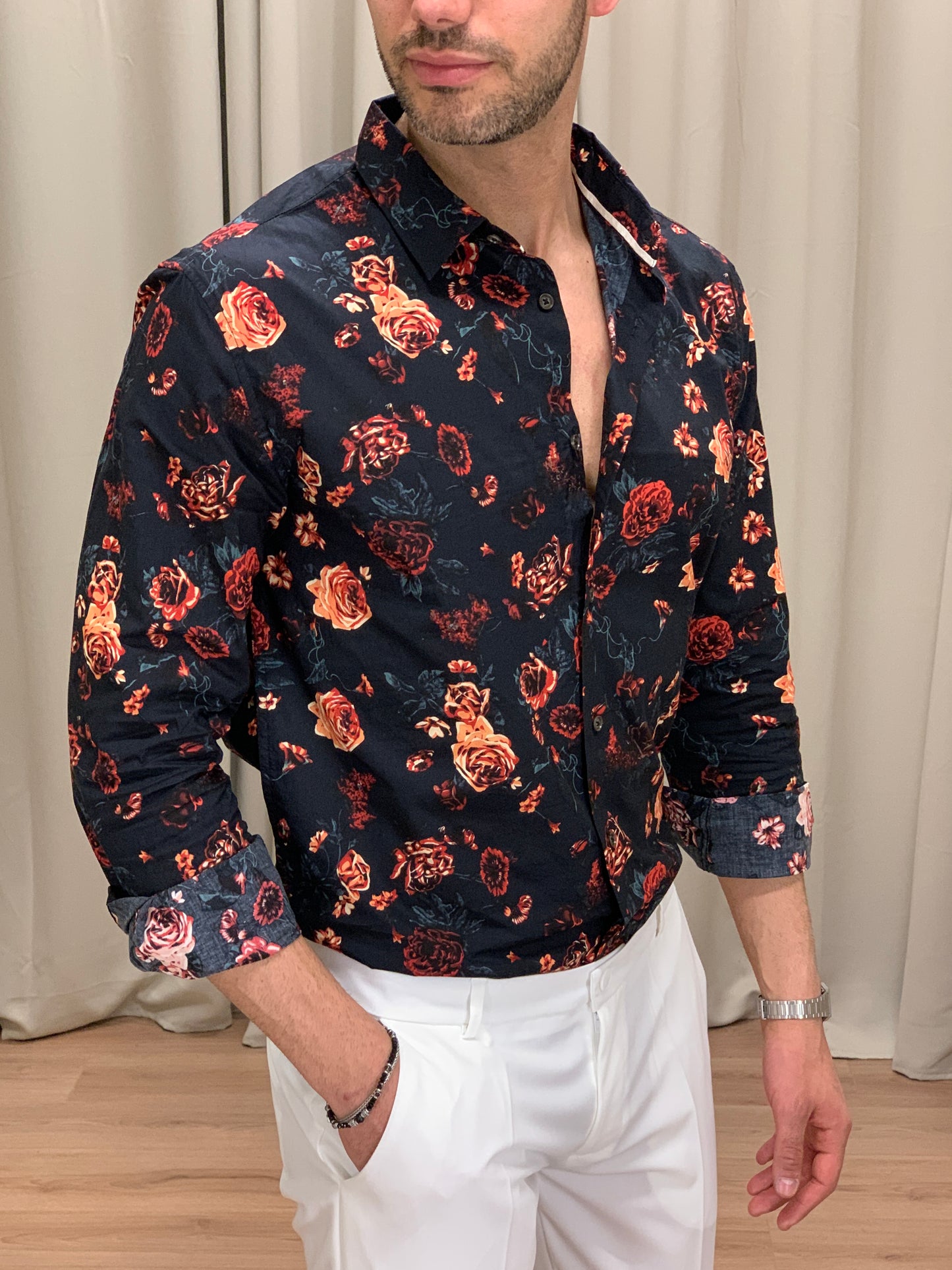 Camicia Night Roses in Cotone con Fantasia col. Nero