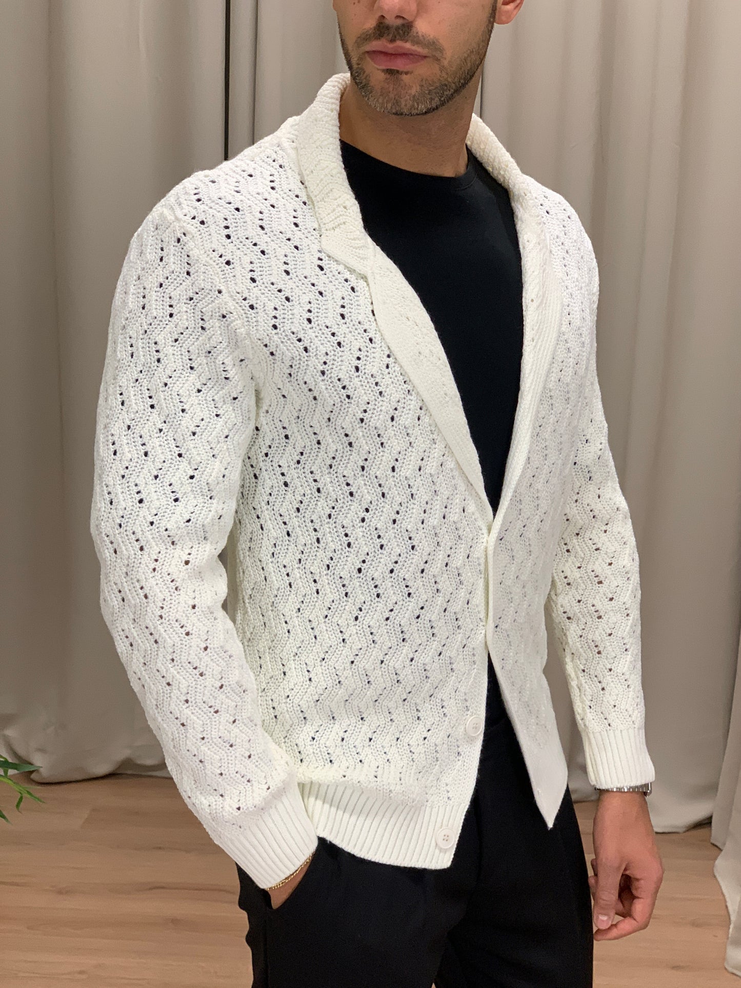 Giacca Cardigan Inibhition Traforata Misto Lana col. Panna