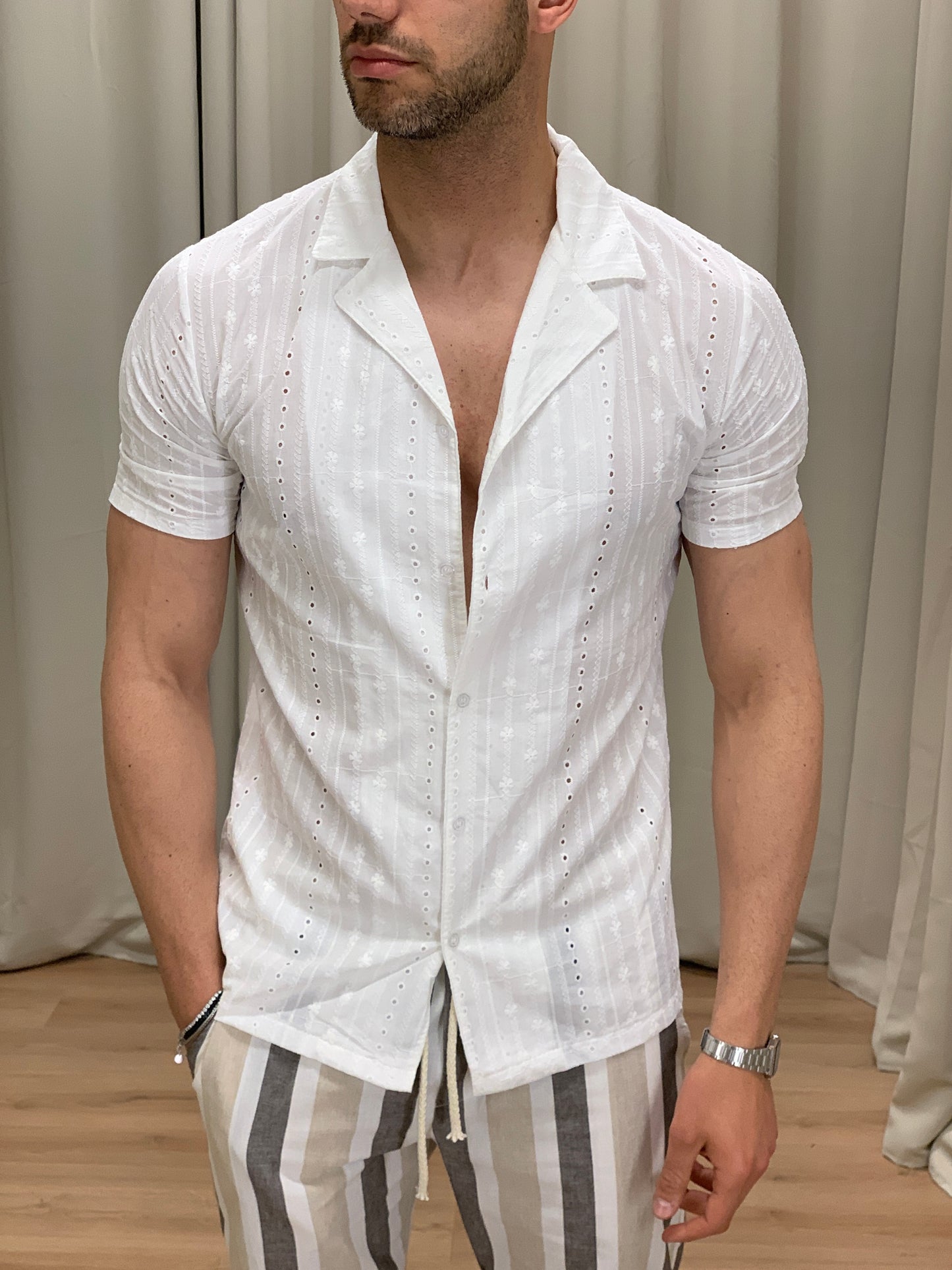 Camicia effetto Lino trama araba col. Bianco