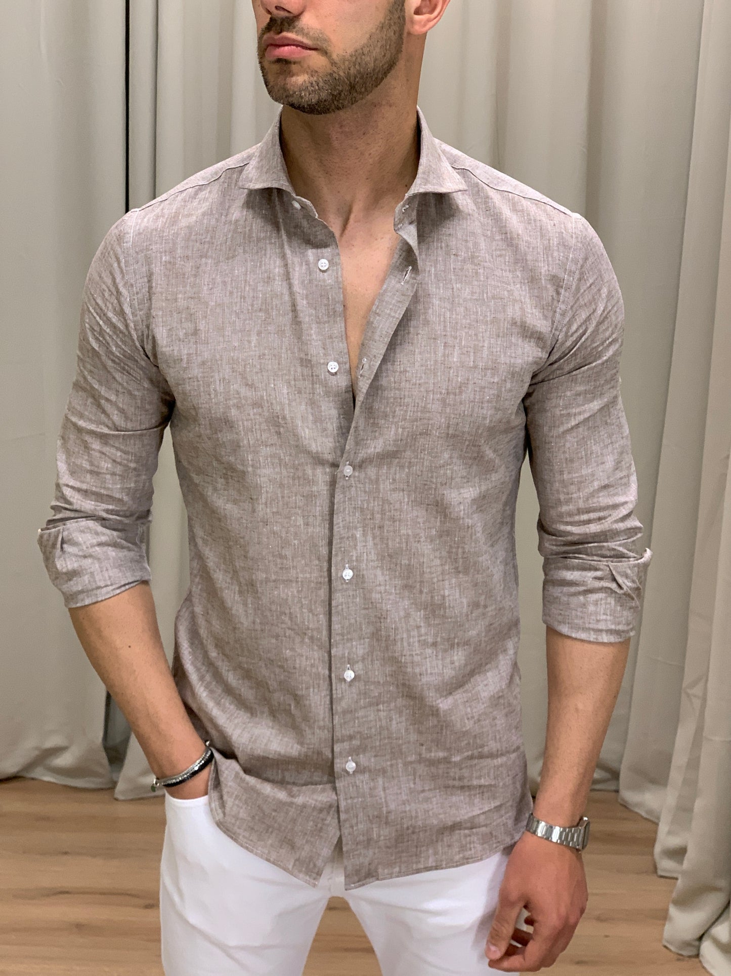 Camicia Capri in Lino collo classico col. Tortora