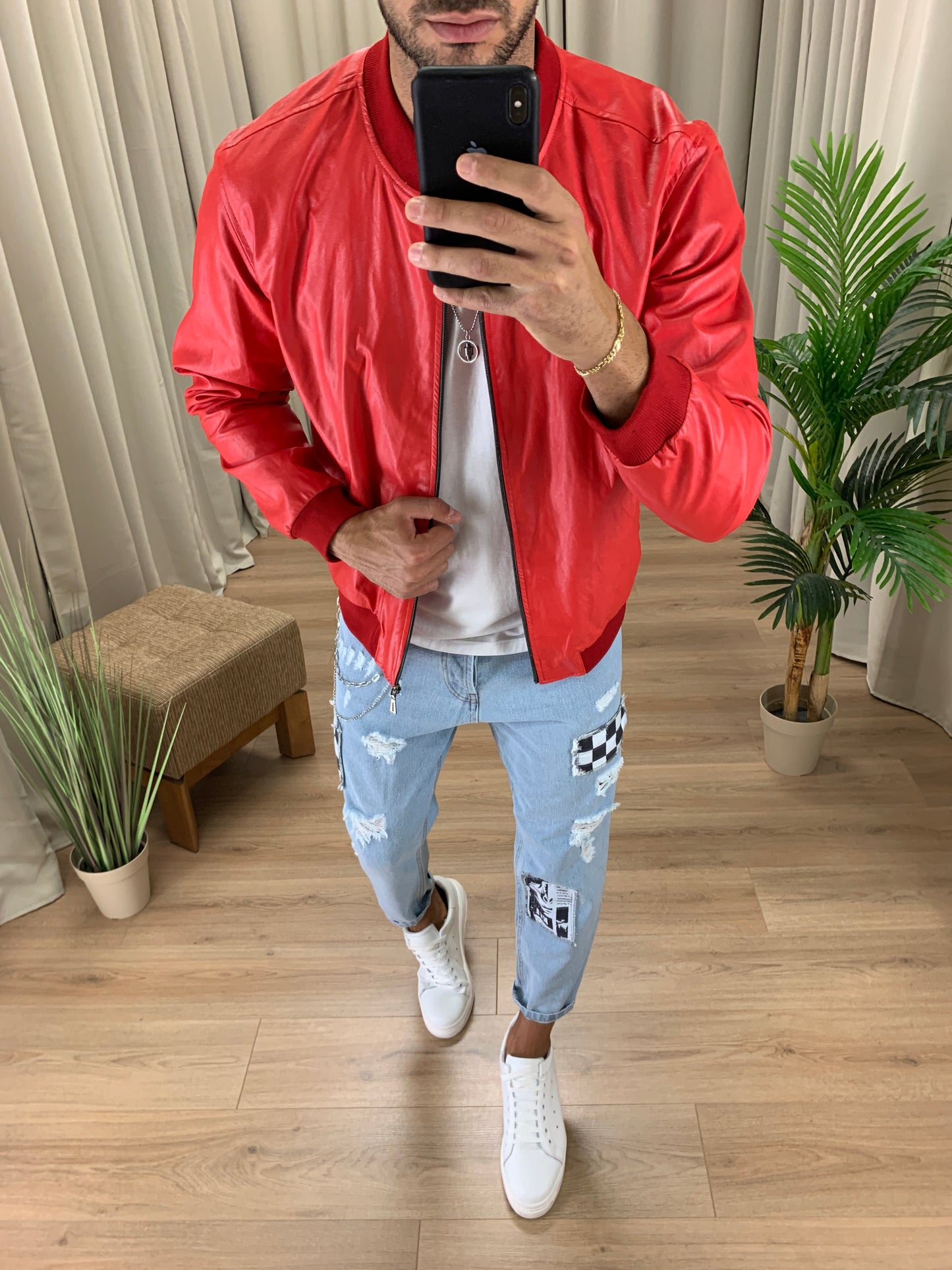 Bomber Dragos con zip effetto pelle col. Rosso