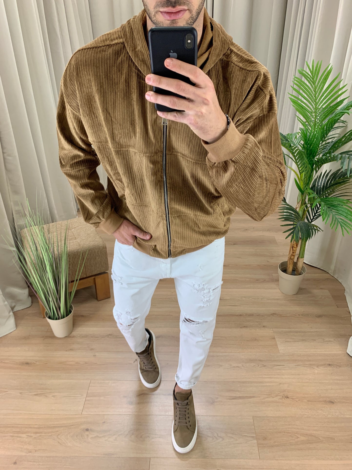 Felpa in Velluto a Costine con Zip col. Cammello