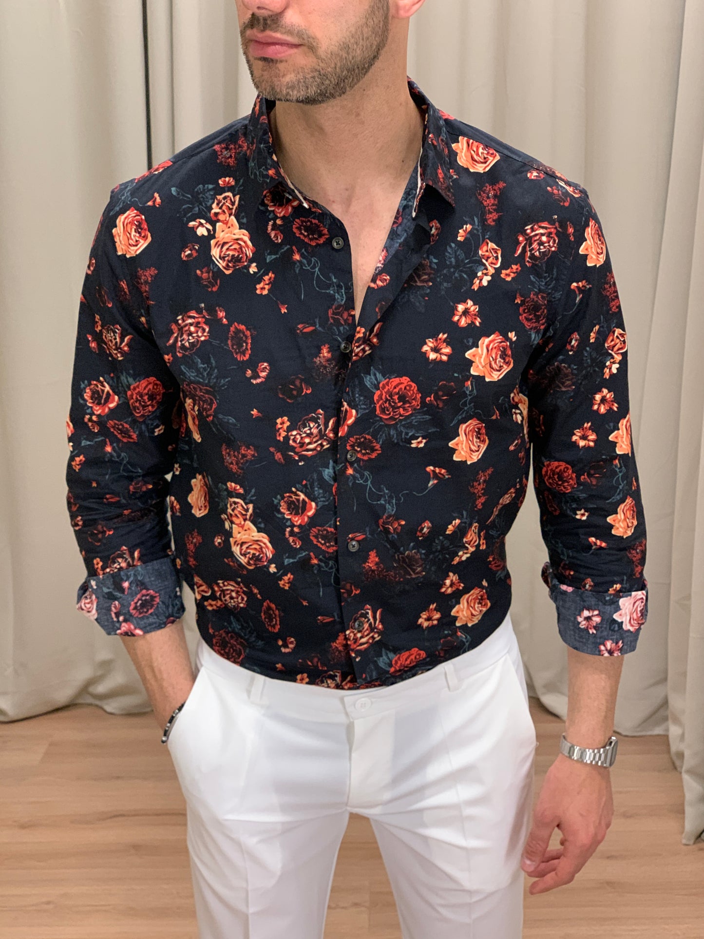 Camicia Night Roses in Cotone con Fantasia col. Nero