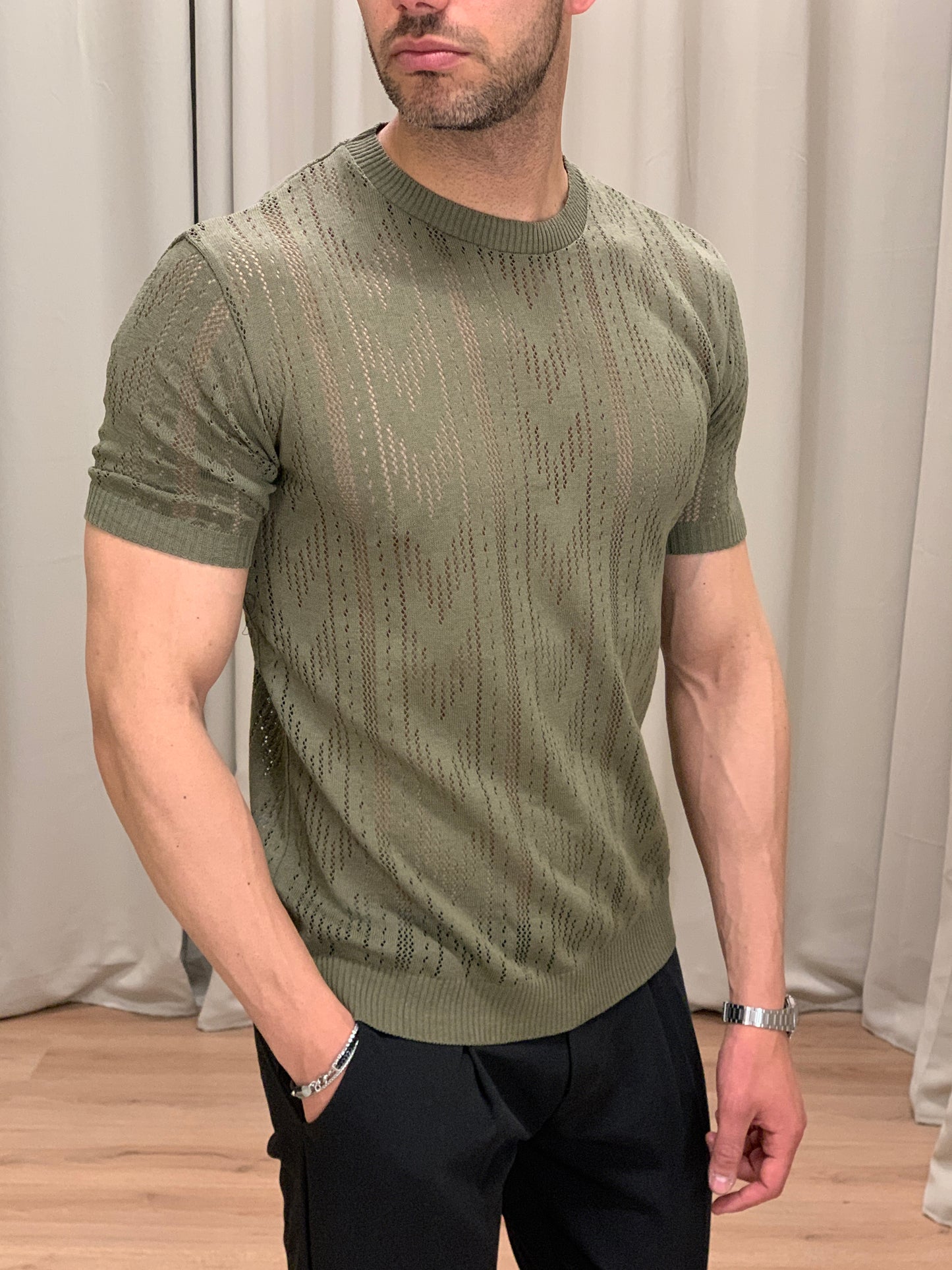 Tshirt Casablanca traforata in Cotone col. Verde Militare