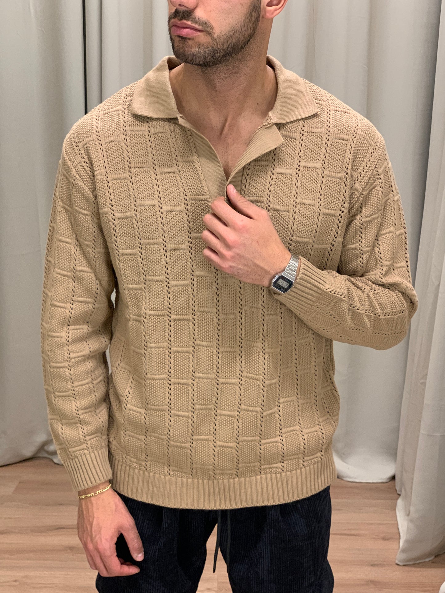 Maglia Nizz Traforata con Scollo a Polo col. Cammello