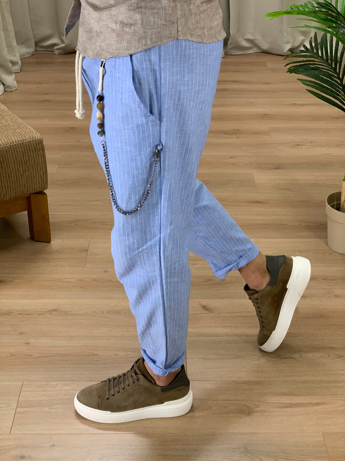 Pantalaccio Portland a righe in Lino col. Azzurro