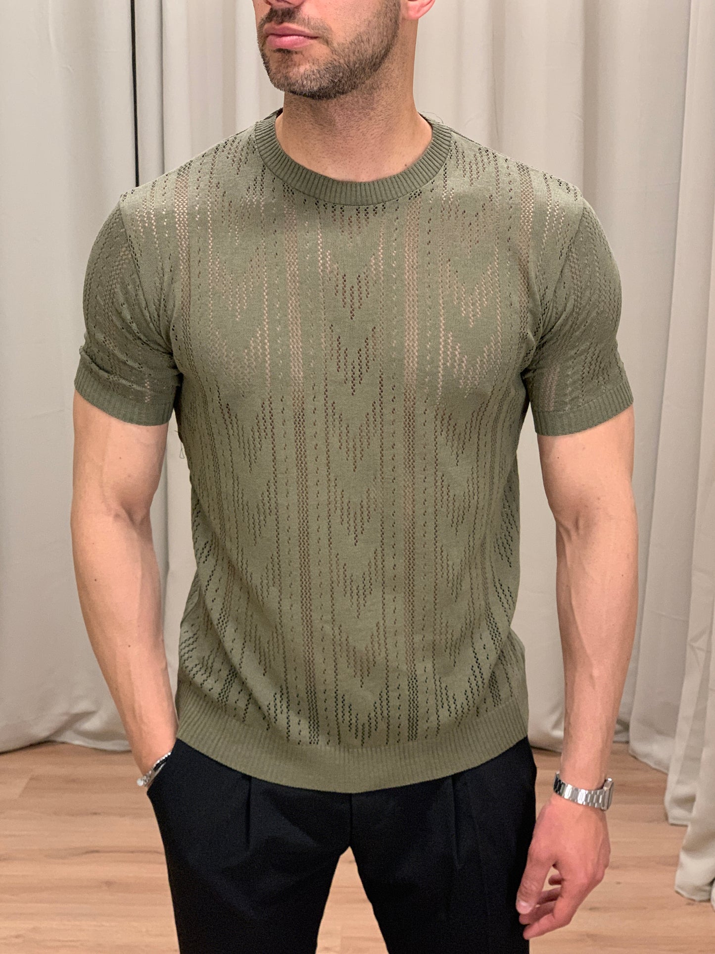 Tshirt Casablanca traforata in Cotone col. Verde Militare