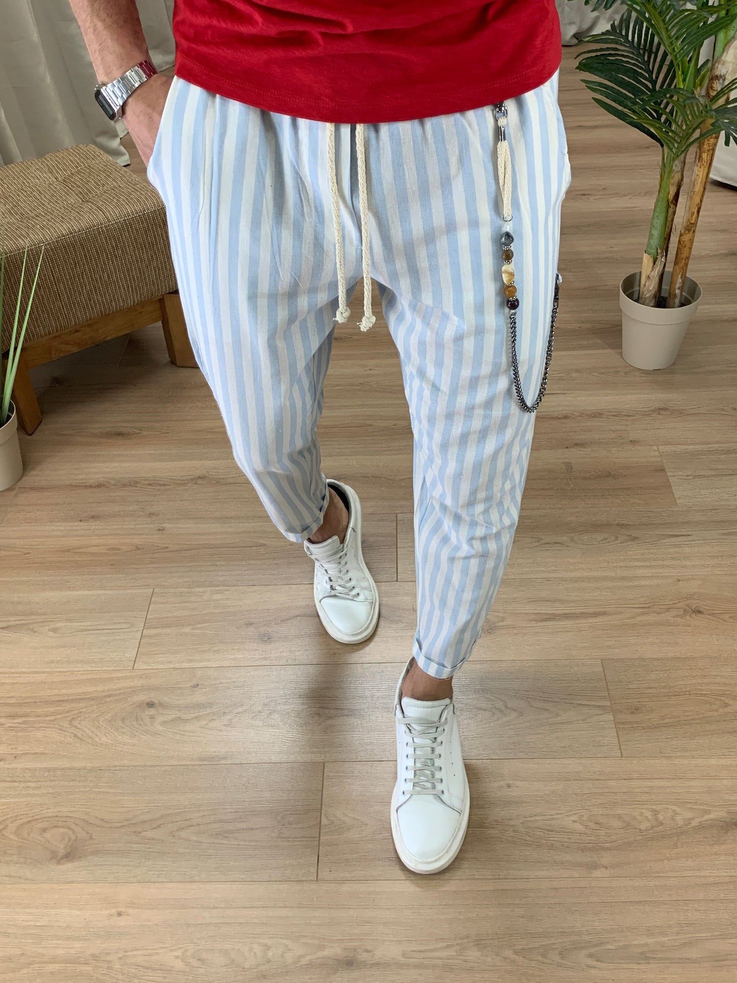 Pantalaccio Estasi in Lino a righe col. Celeste