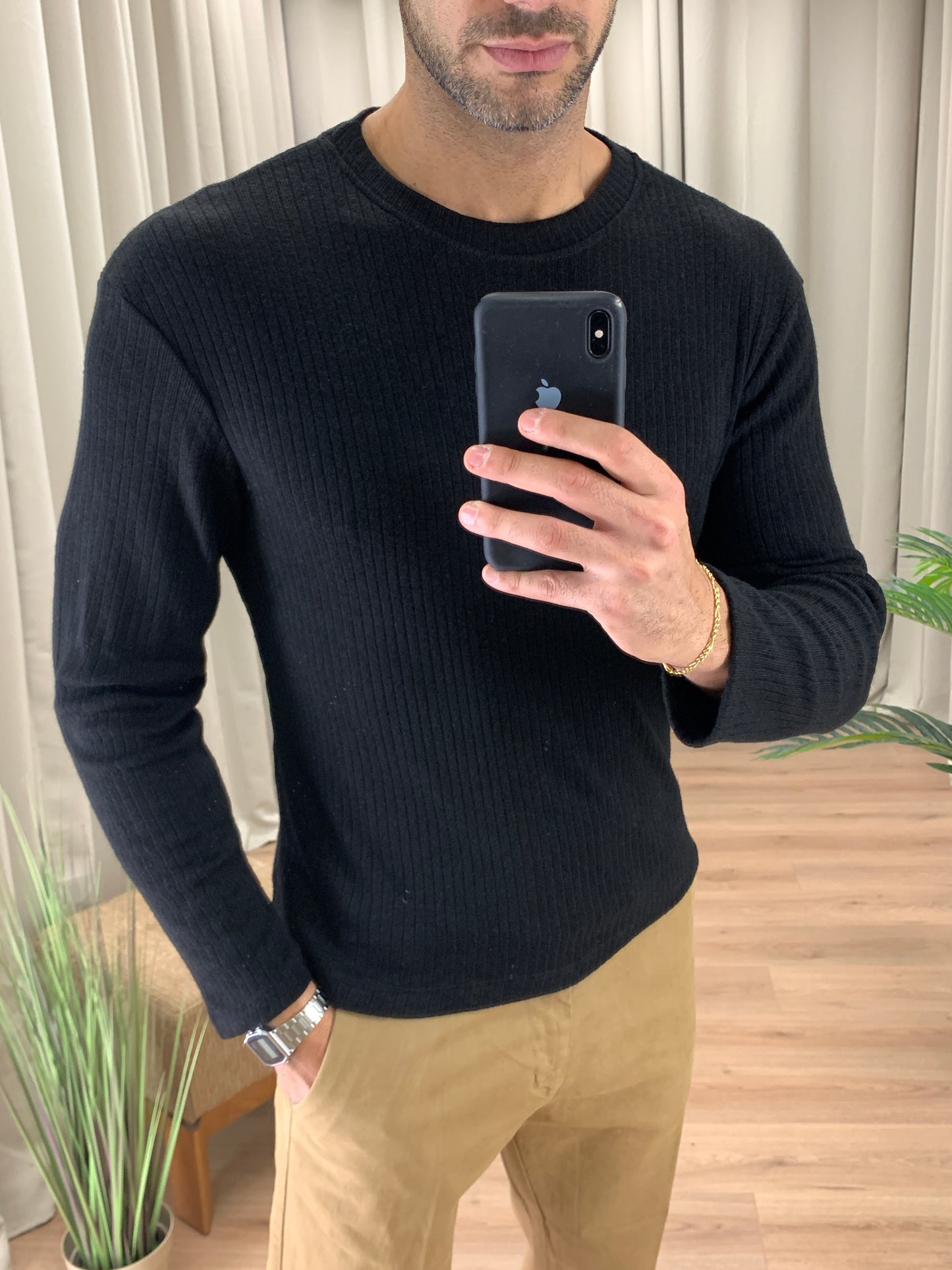 Pullover in Maglia a Costine col. Nero