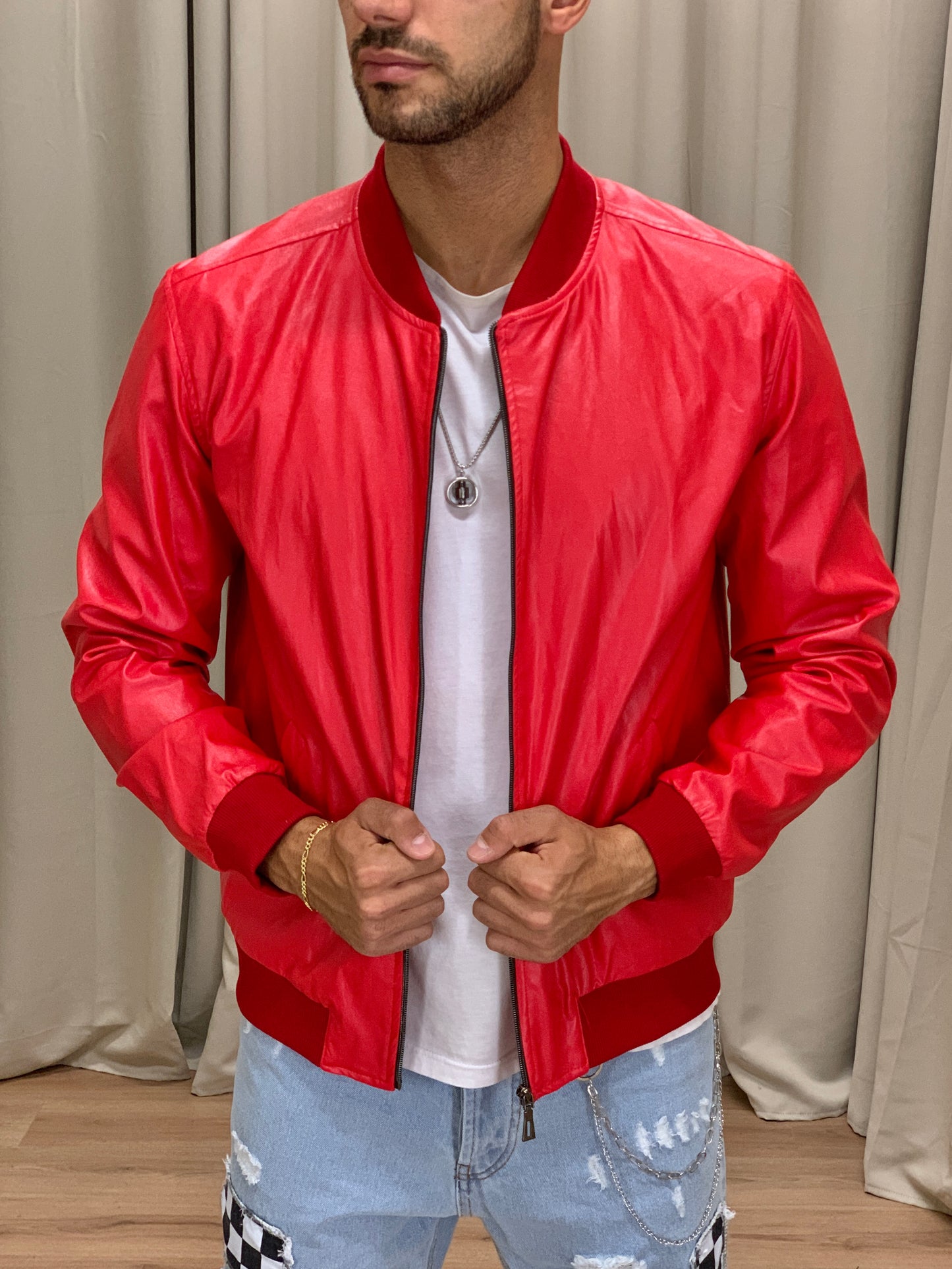 Bomber Dragos con zip effetto pelle col. Rosso
