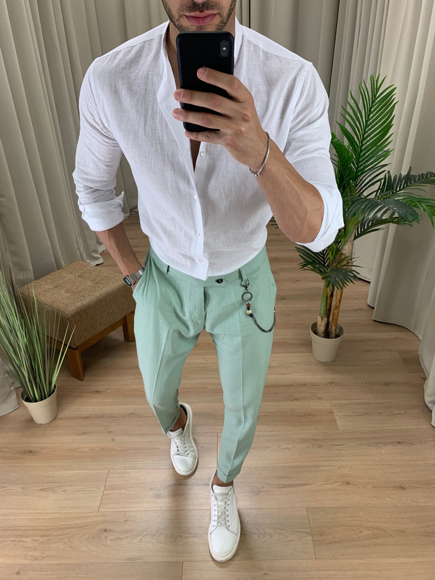 Pantalone Naama Bay in Lino con Catena col. Verde Acqua