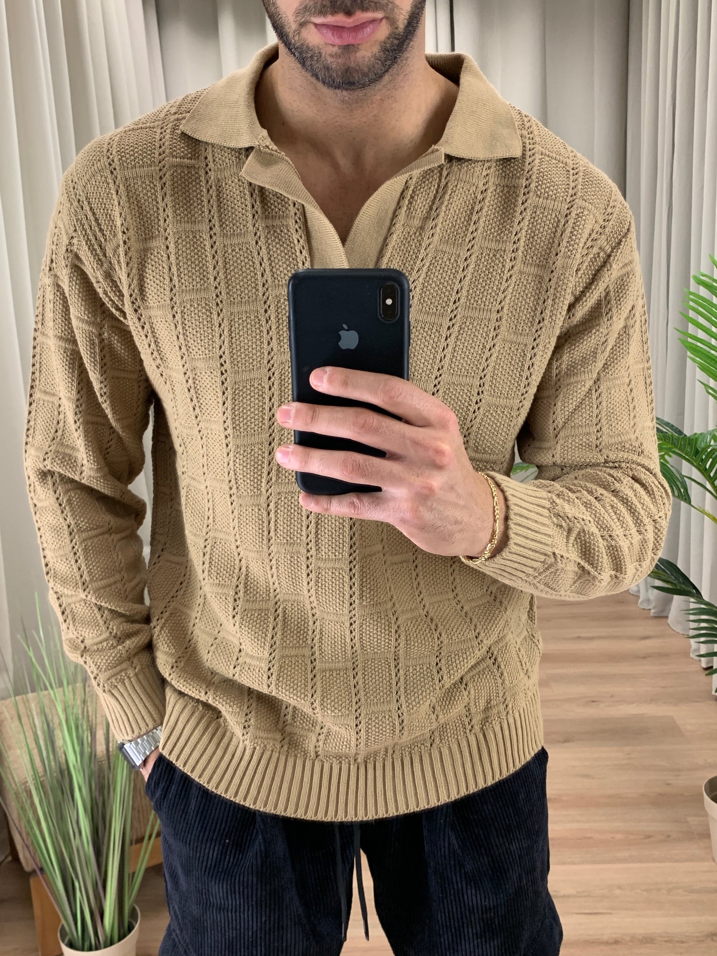 Maglia Nizz Traforata con Scollo a Polo col. Cammello