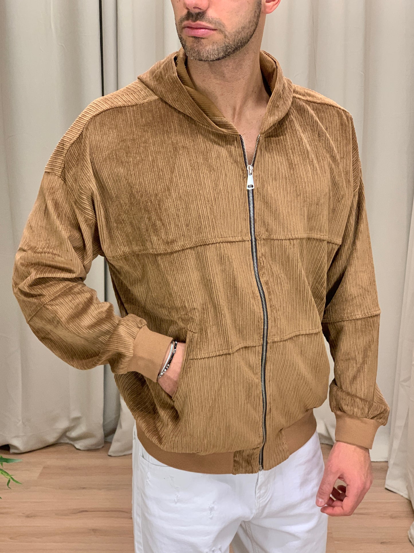 Felpa in Velluto a Costine con Zip col. Cammello