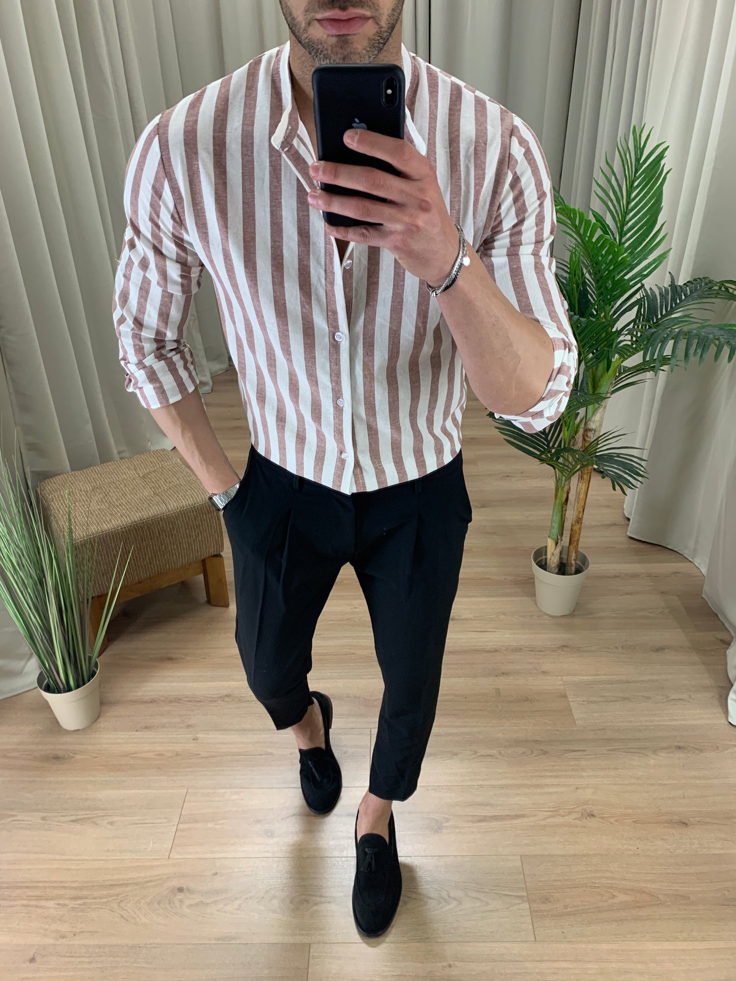 Camicia Sirolo a righe in Lino col. Terra di Siena