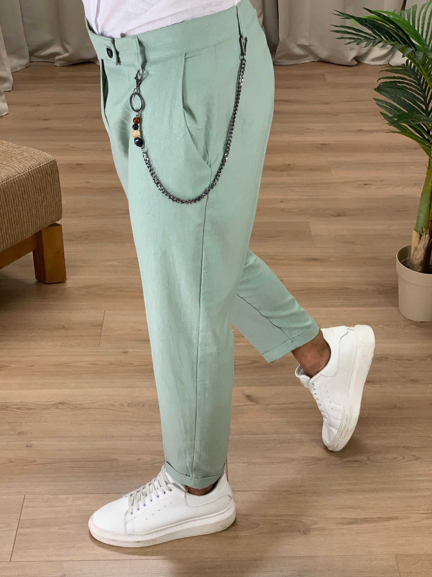 Pantalone Naama Bay in Lino con Catena col. Verde Acqua