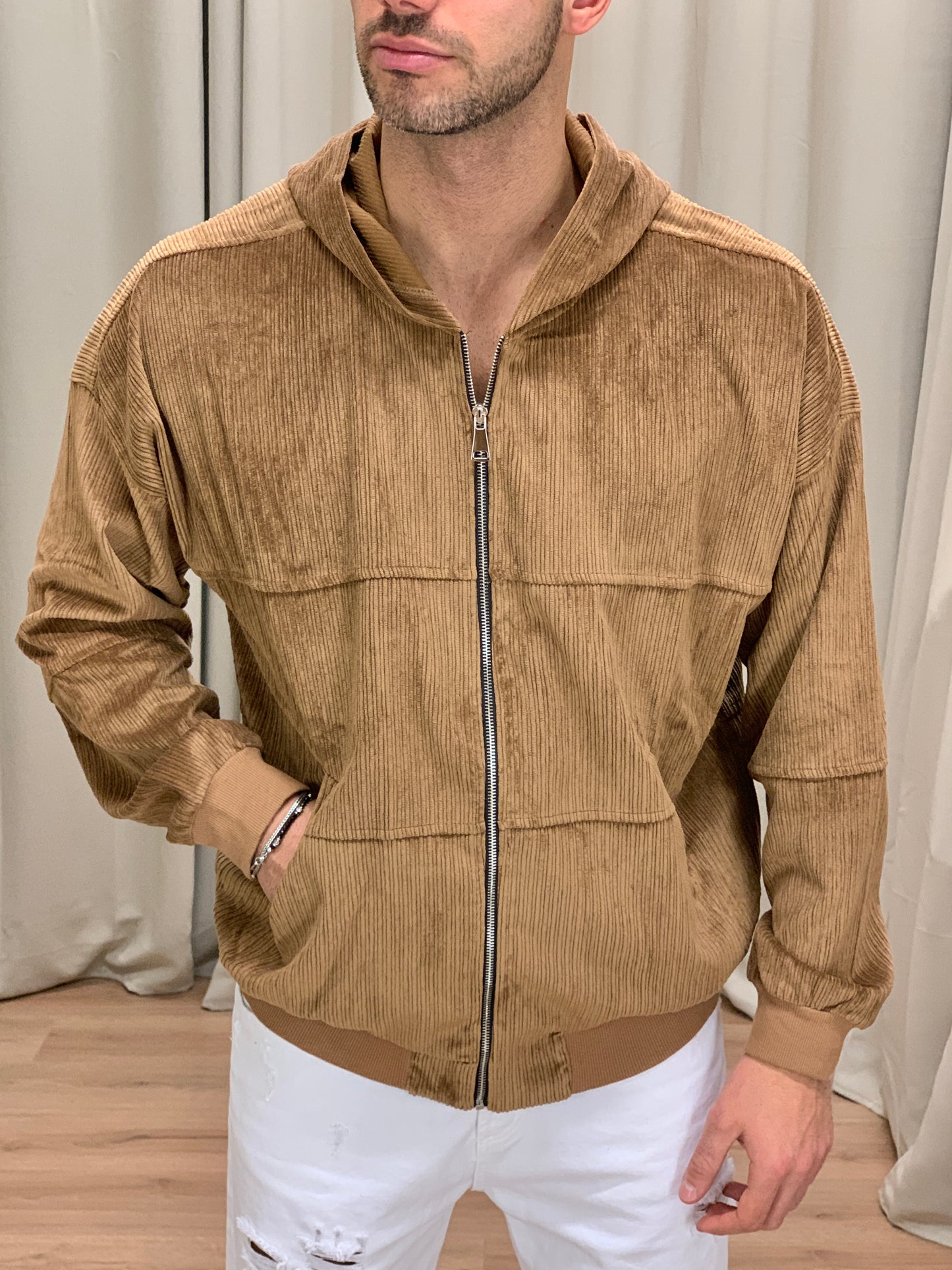 Felpa in Velluto a Costine con Zip col. Cammello