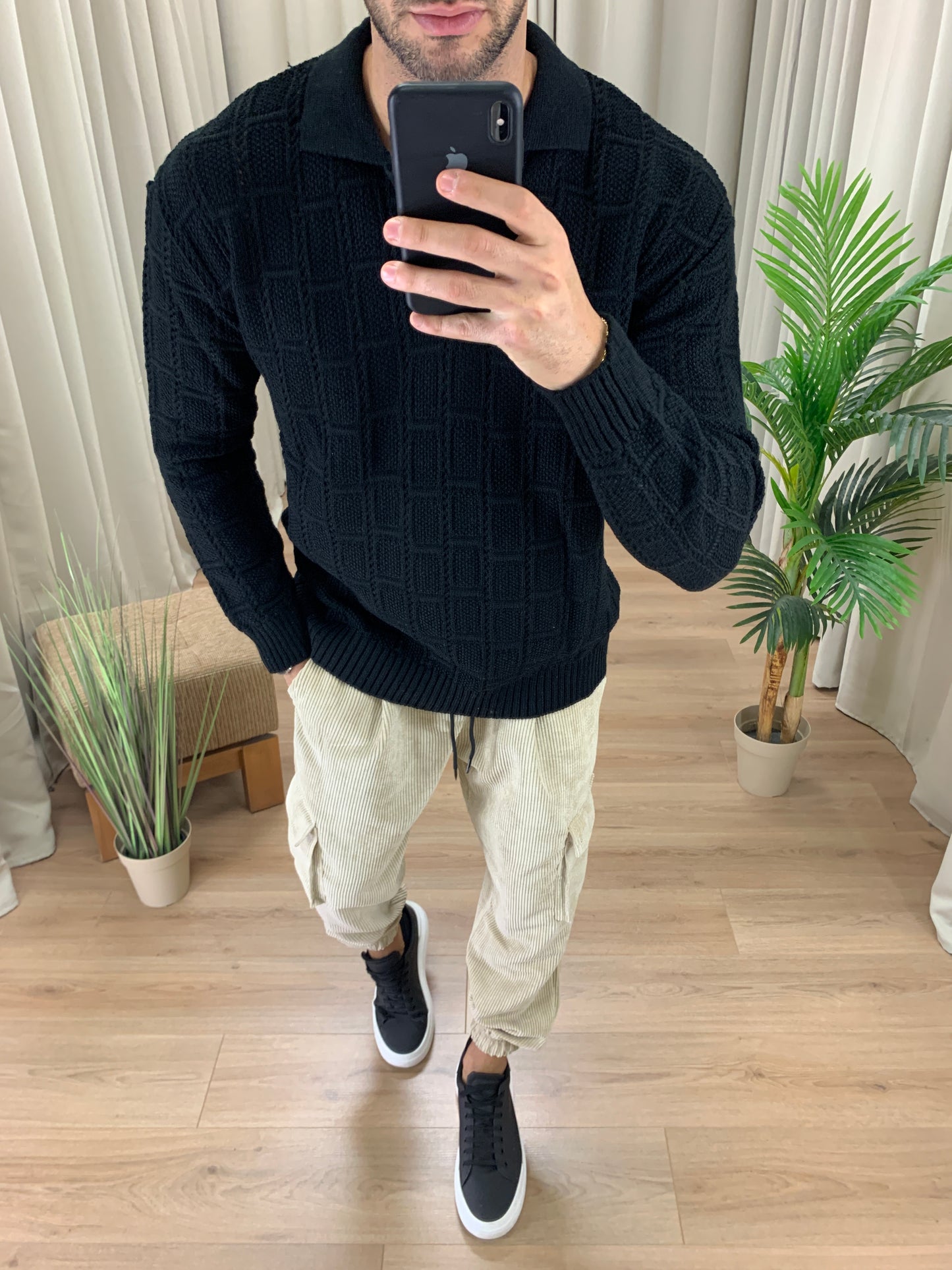 Maglia Nizz Traforata con Scollo a Polo col. Nero
