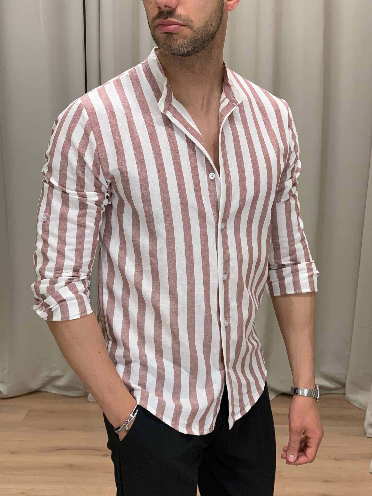 Camicia Sirolo a righe in Lino col. Terra di Siena
