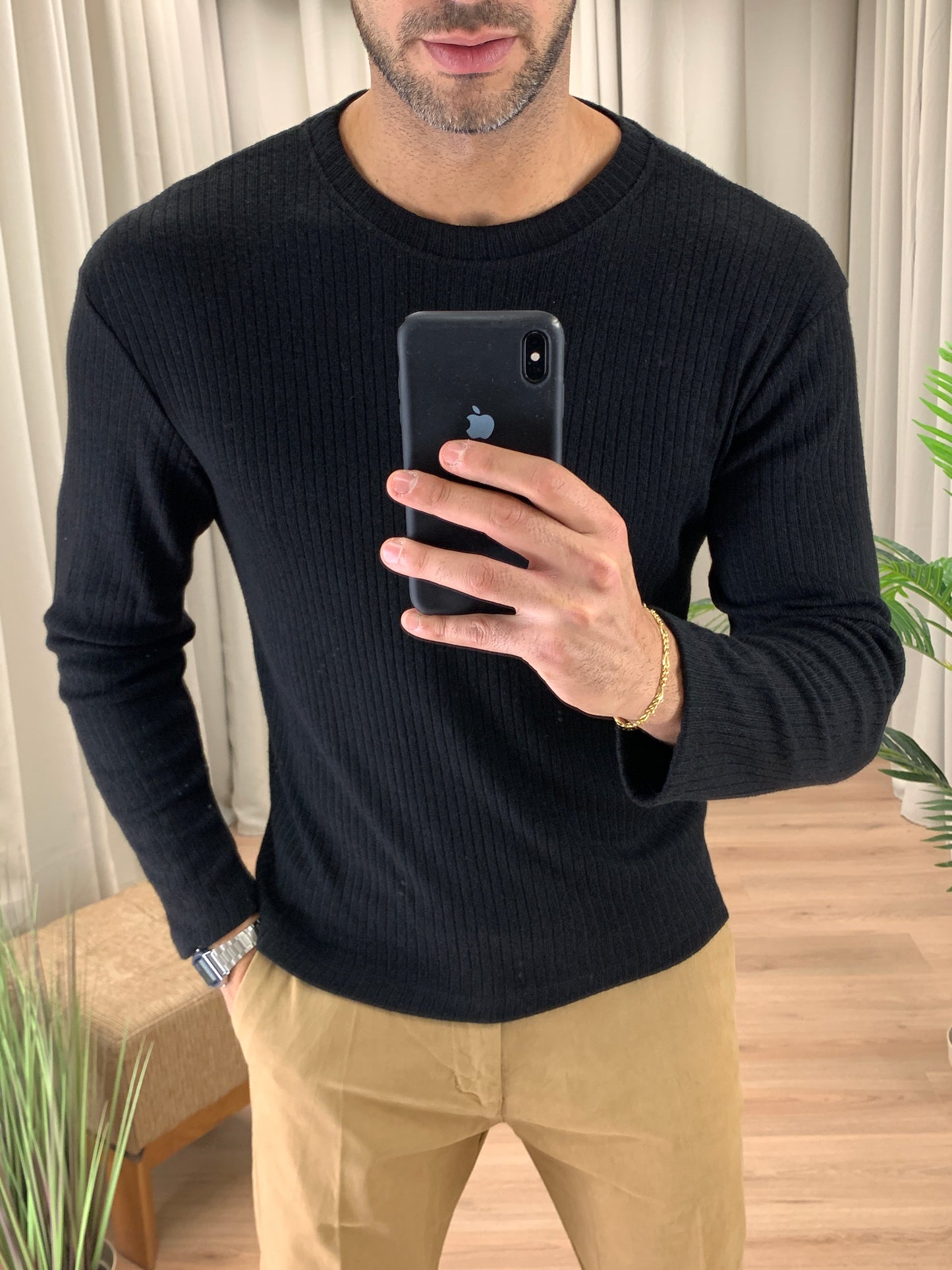 Pullover in Maglia a Costine col. Nero