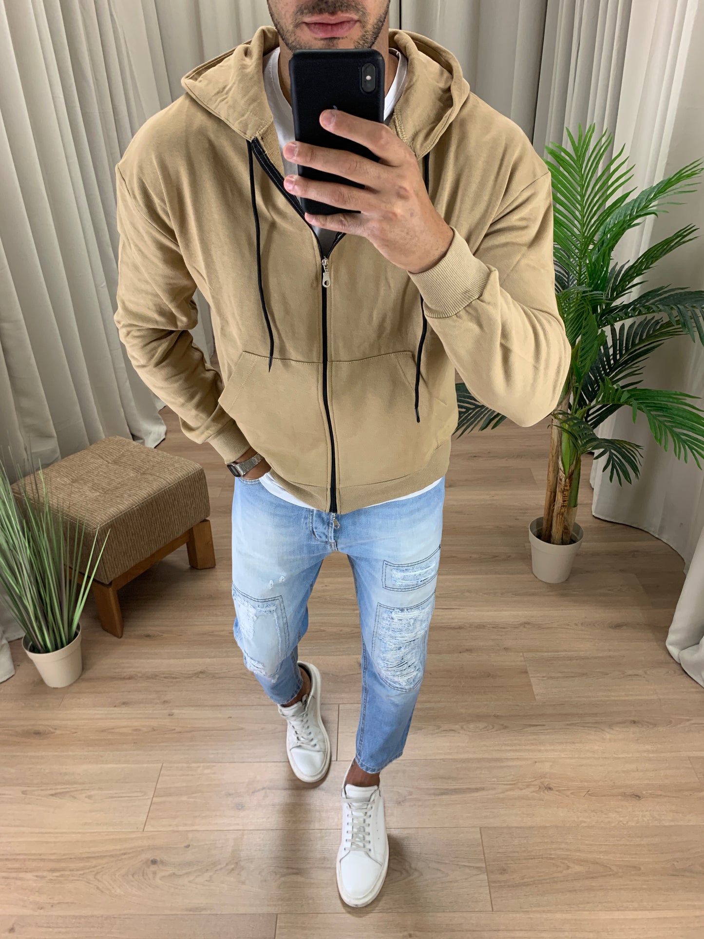 Felpa Rocky con Cappuccio e Zip col. Cammello