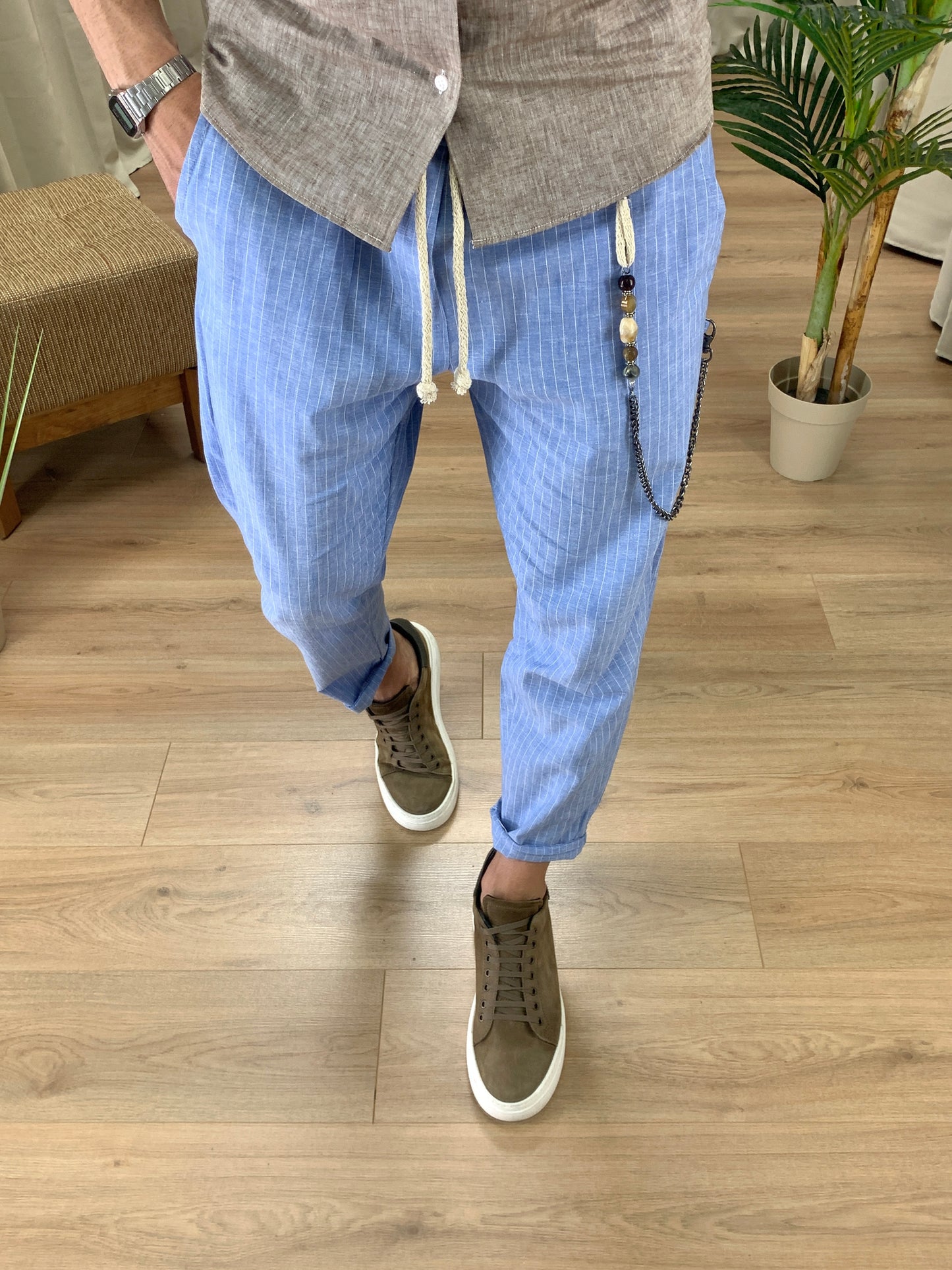 Pantalaccio Portland a righe in Lino col. Azzurro