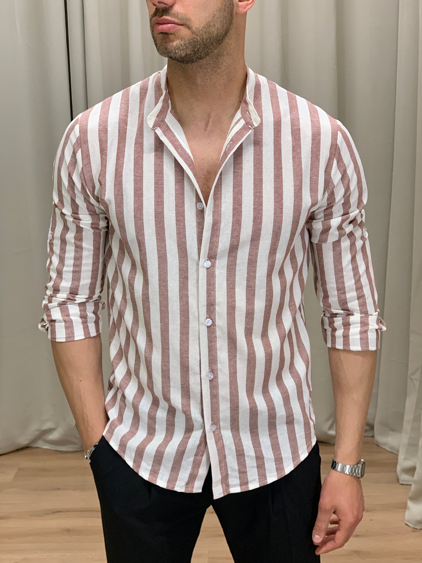 Camicia Sirolo a righe in Lino col. Terra di Siena