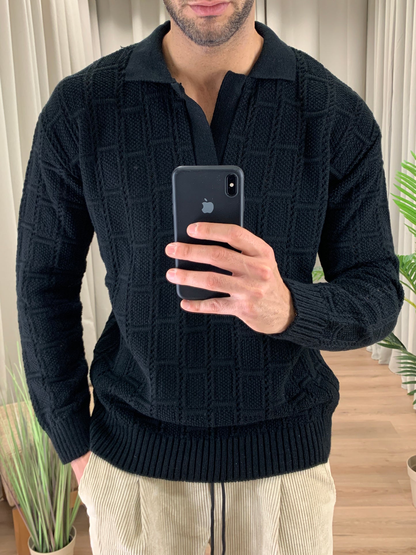 Maglia Nizz Traforata con Scollo a Polo col. Nero