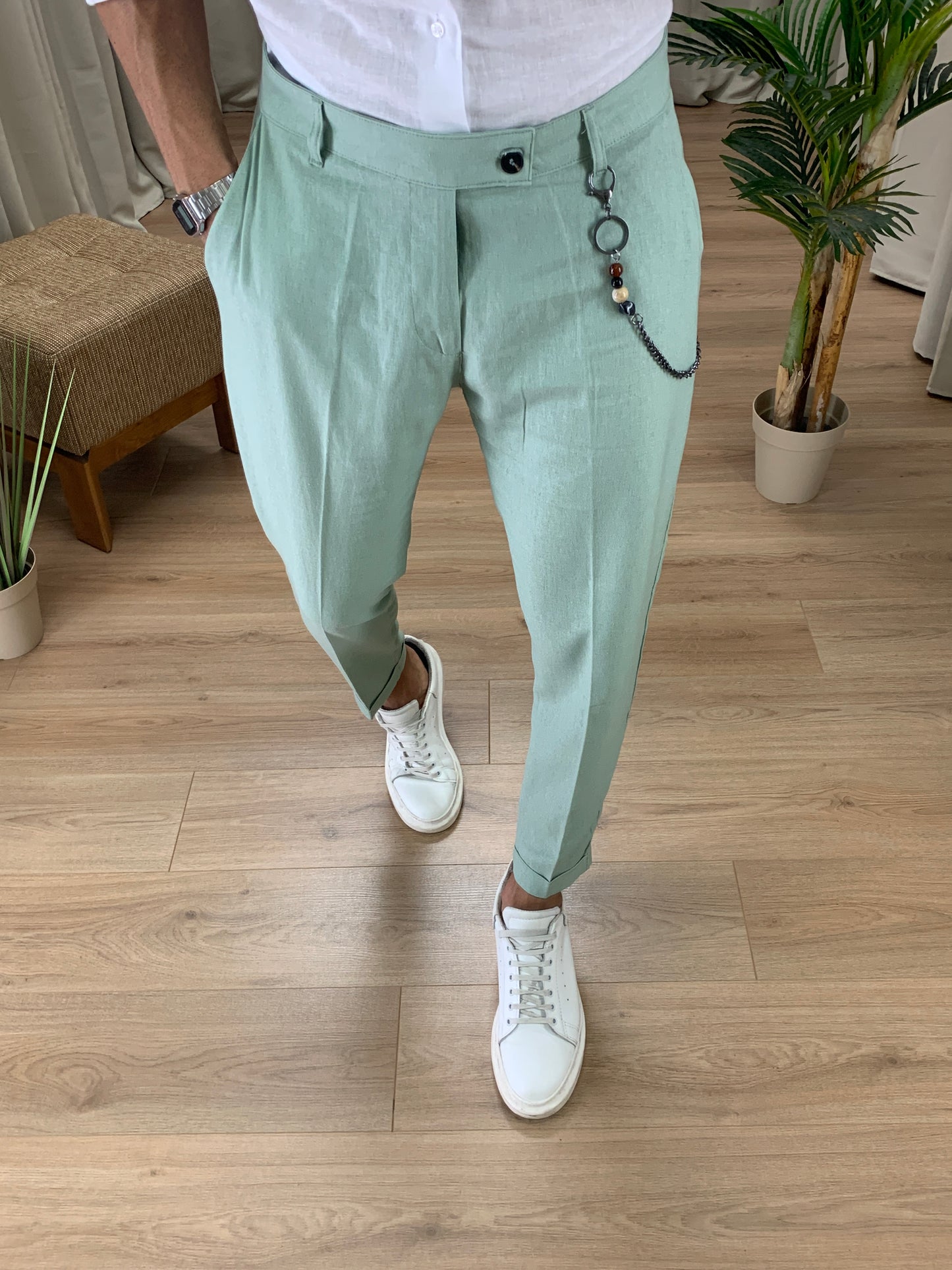 Pantalone Naama Bay in Lino con Catena col. Verde Acqua