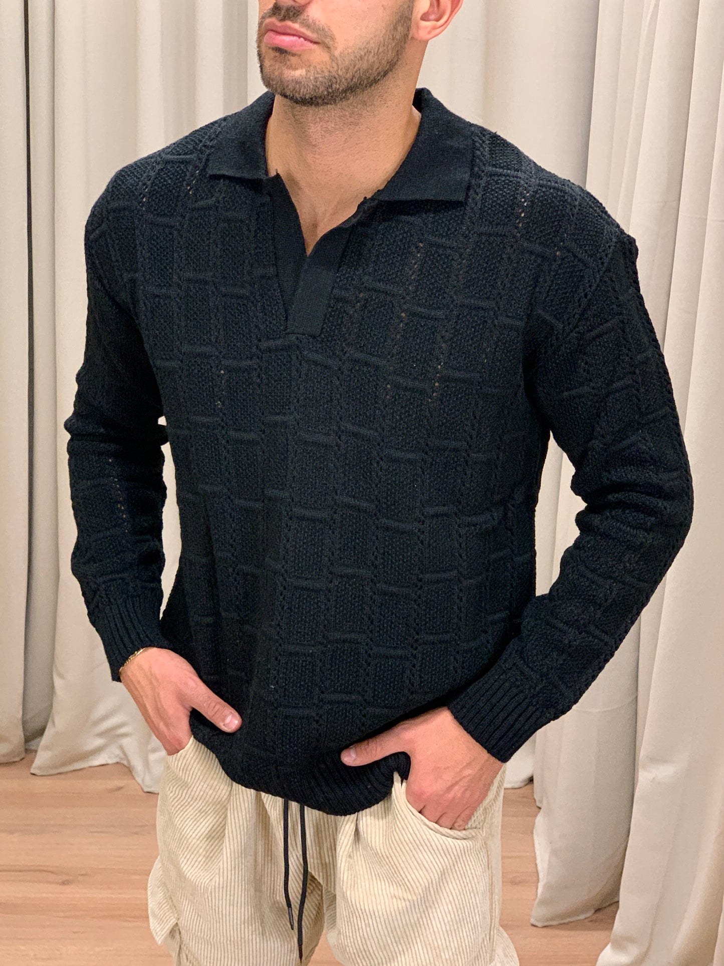 Maglia Nizz Traforata con Scollo a Polo col. Nero