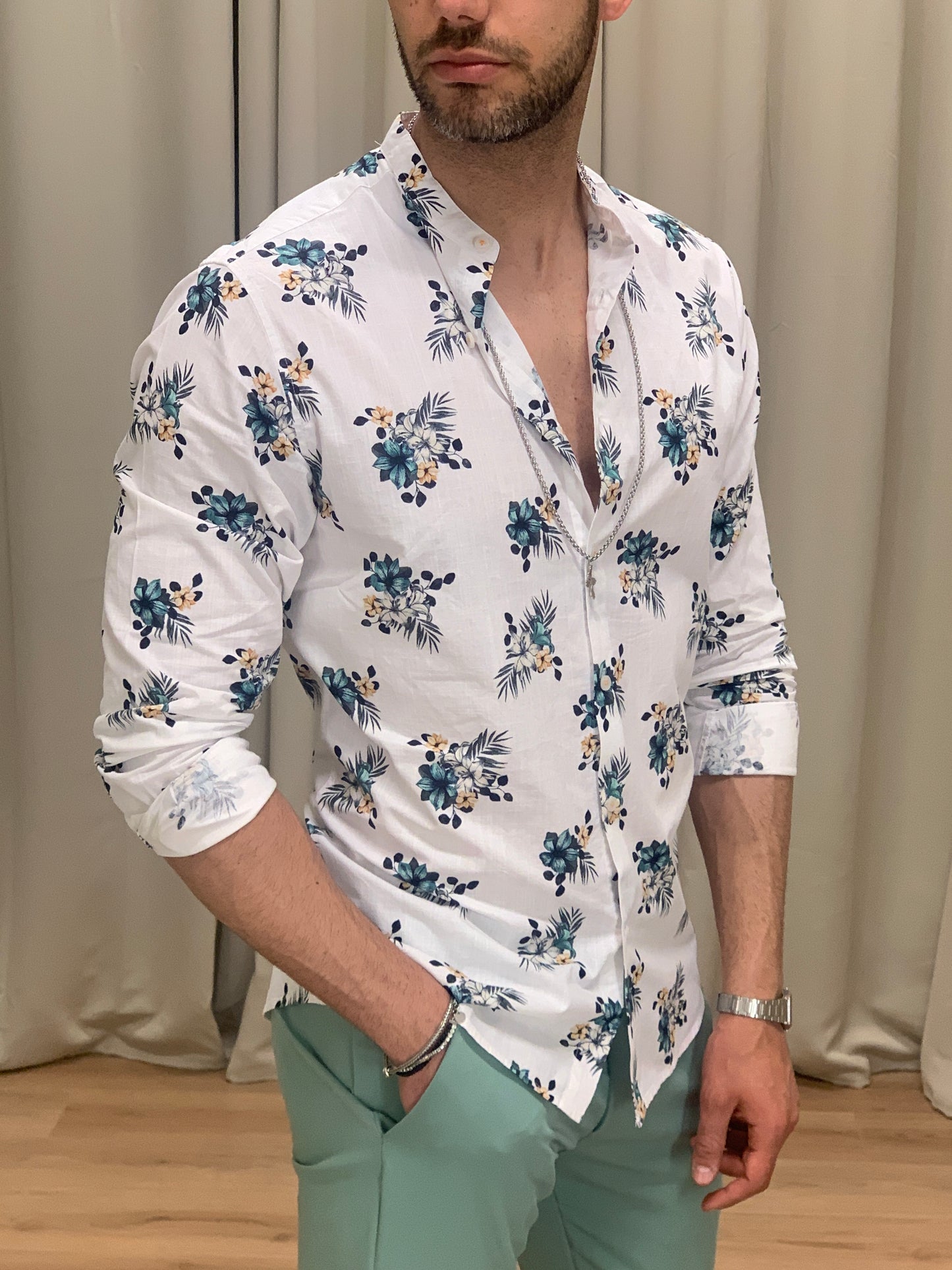 Camicia Nepavi effetto lino con fantasia col. Bianco