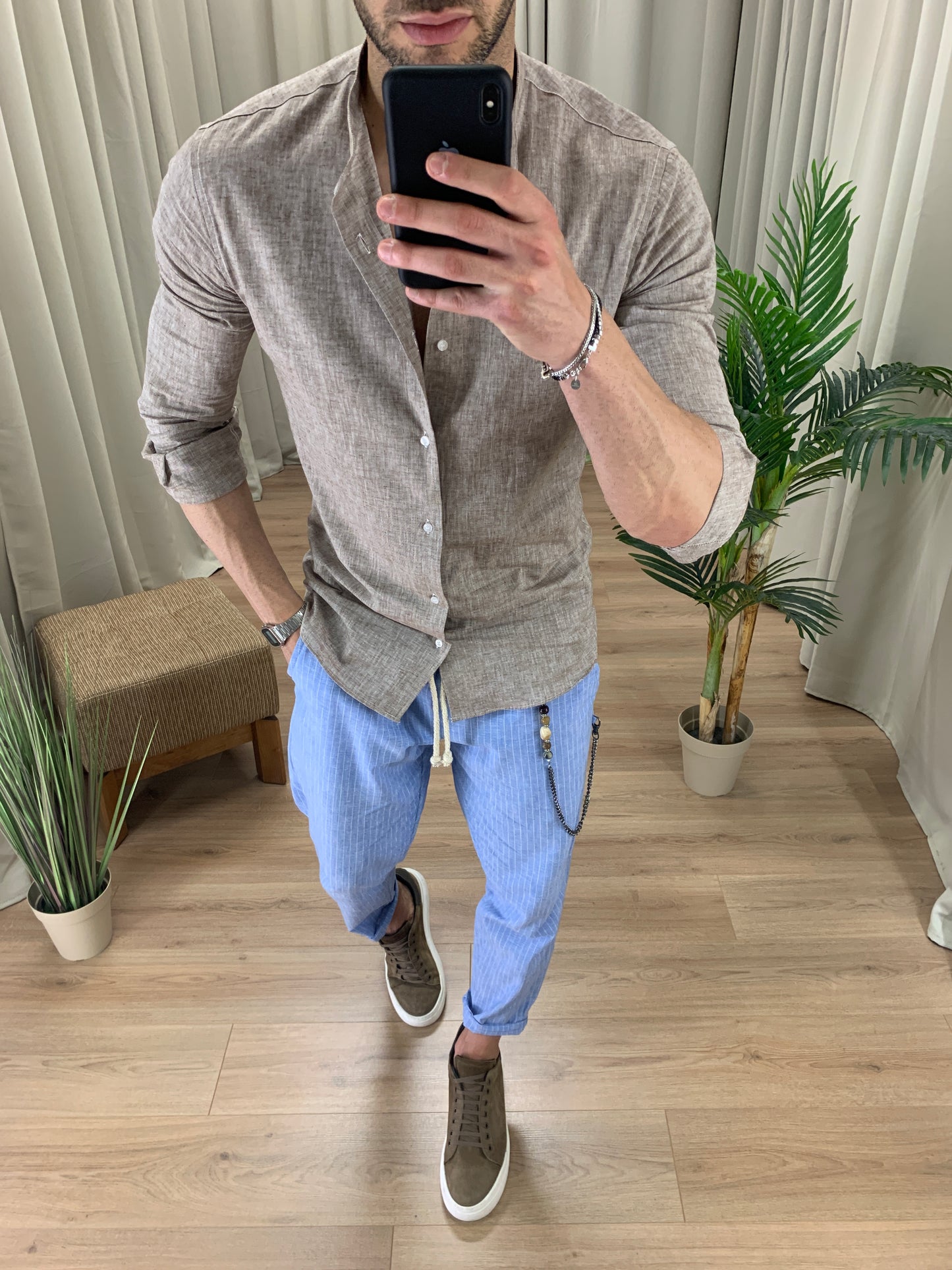 Pantalaccio Portland a righe in Lino col. Azzurro