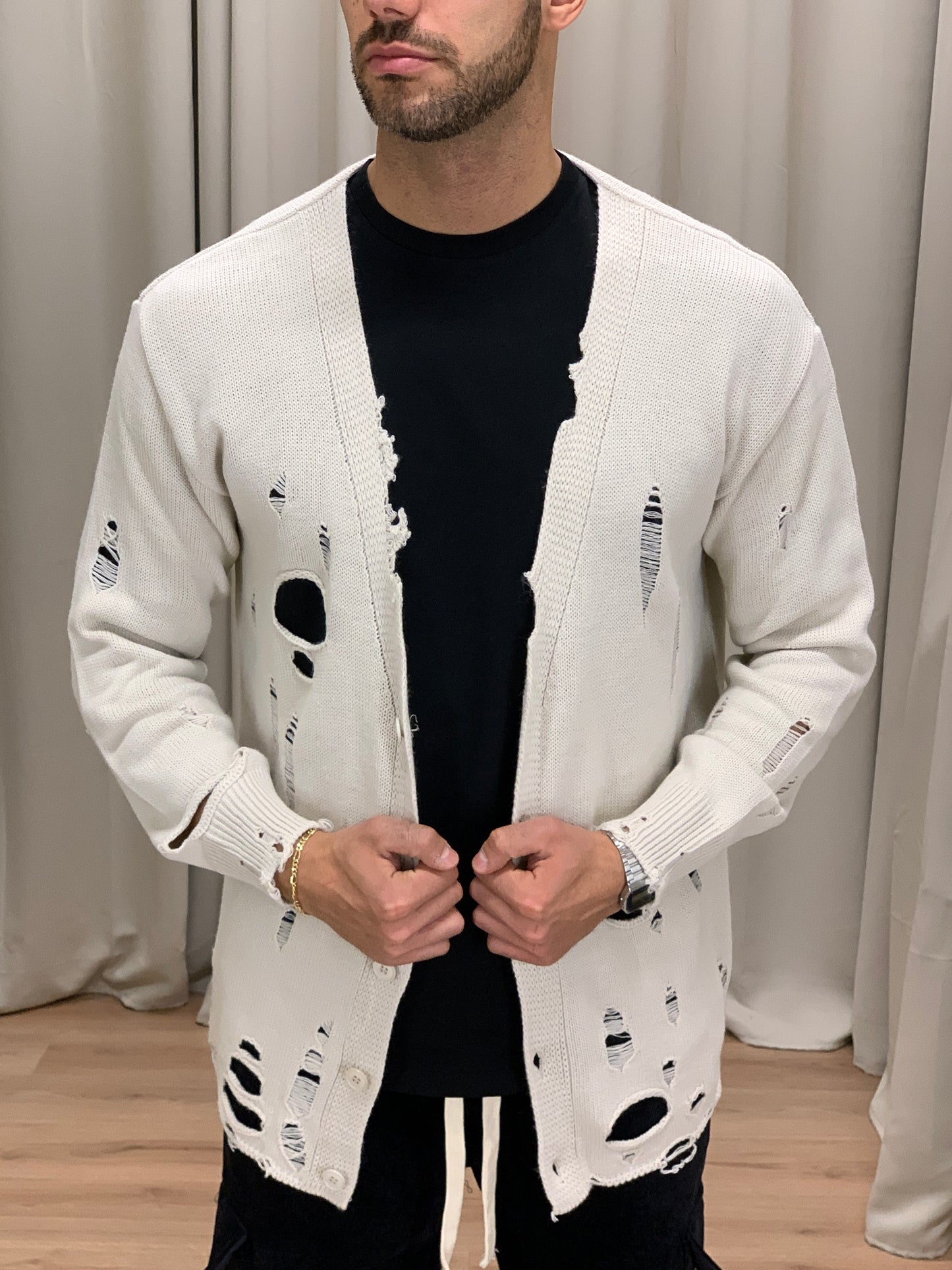 Cardigan Lacerato e Sfrangiato col. Panna