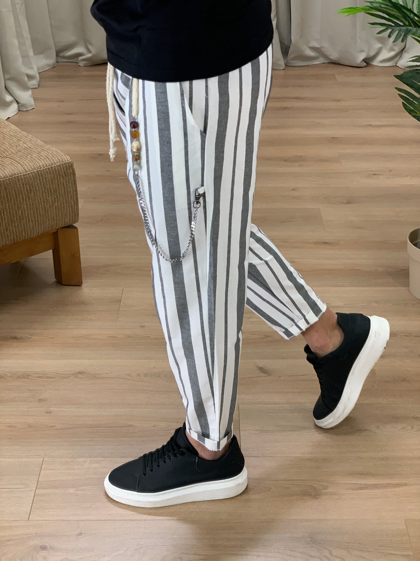 Pantalaccio Summer a righe effetto Lino col. Nero