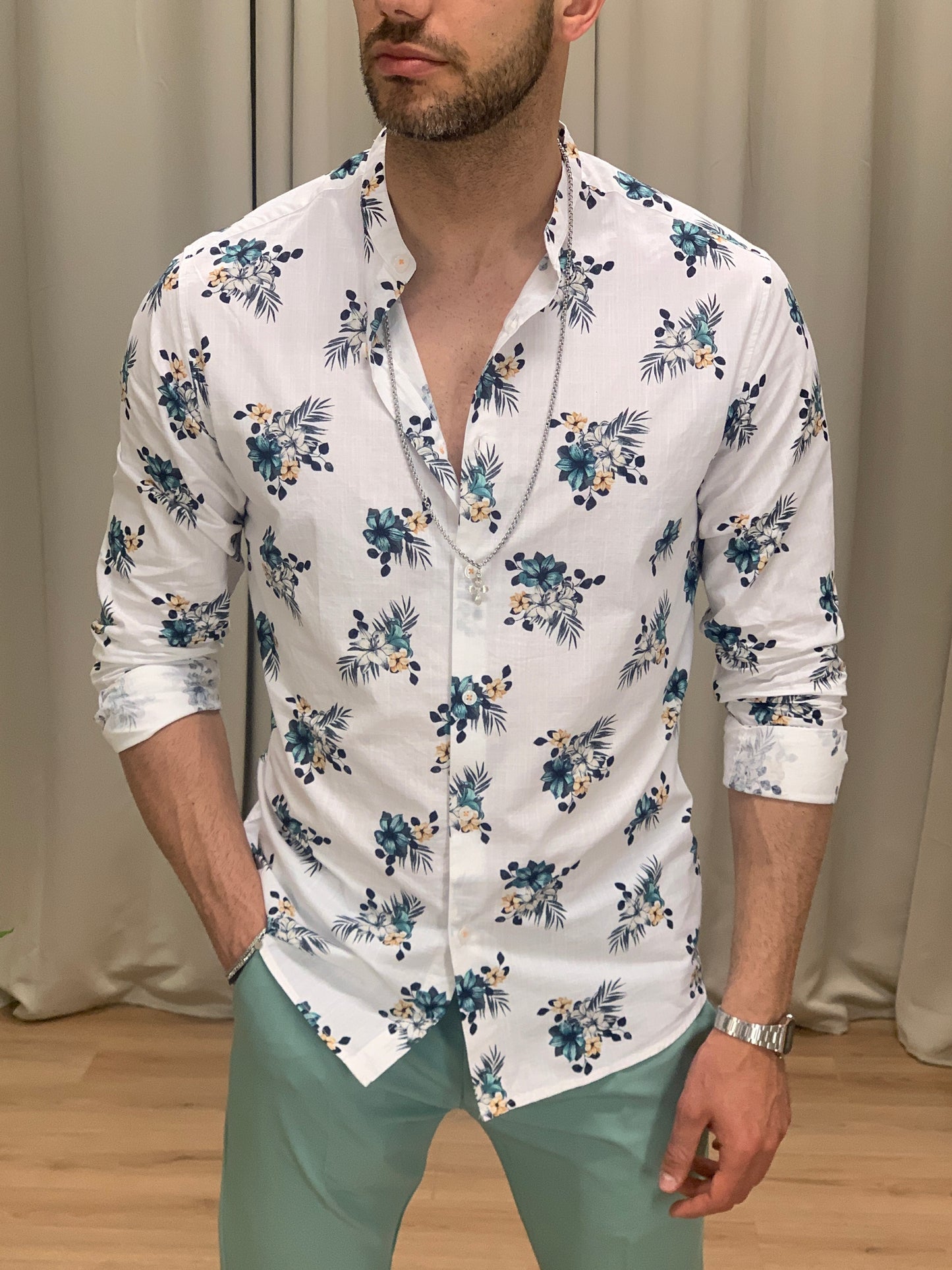 Camicia Nepavi effetto lino con fantasia col. Bianco