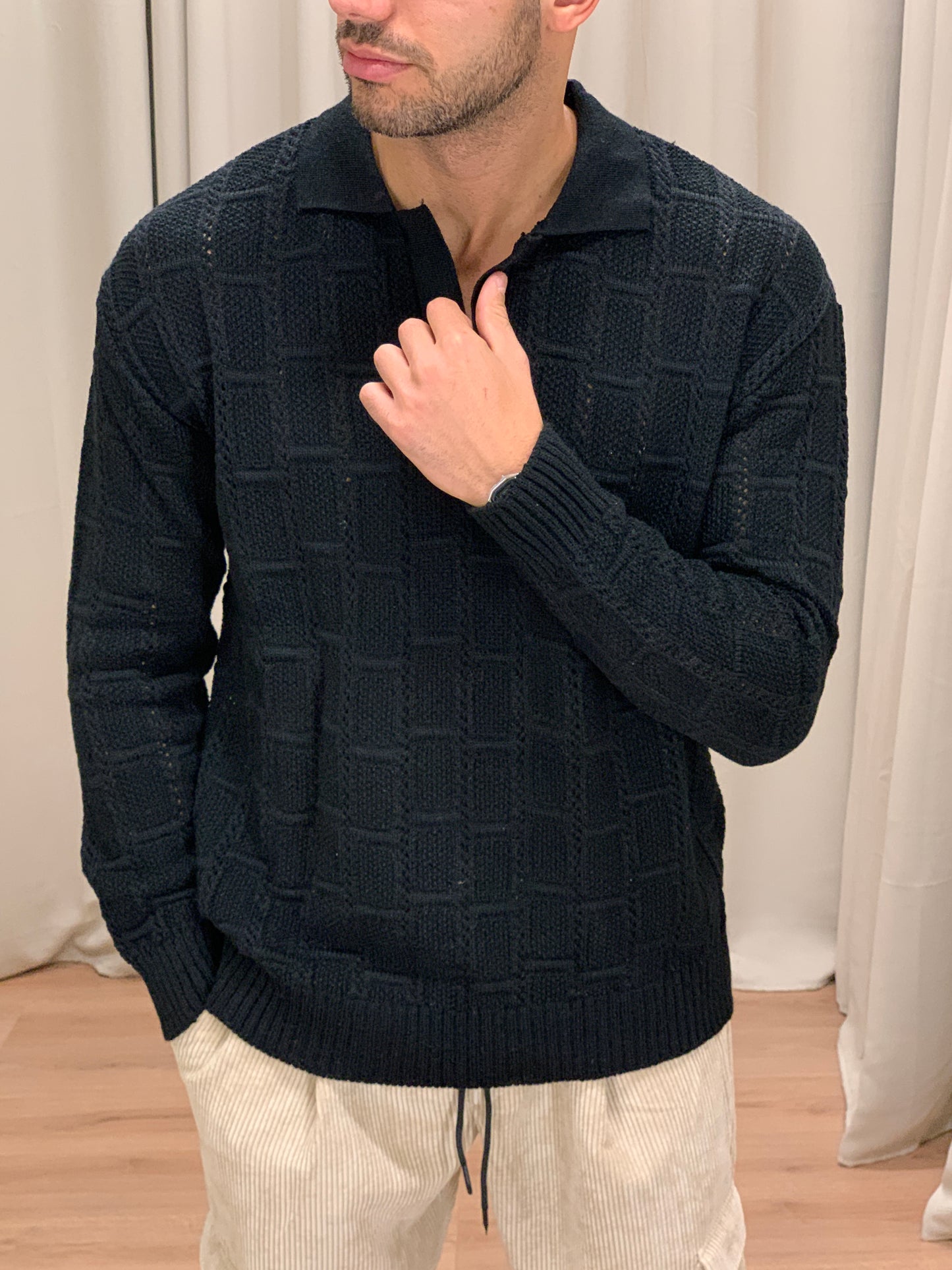 Maglia Nizz Traforata con Scollo a Polo col. Nero