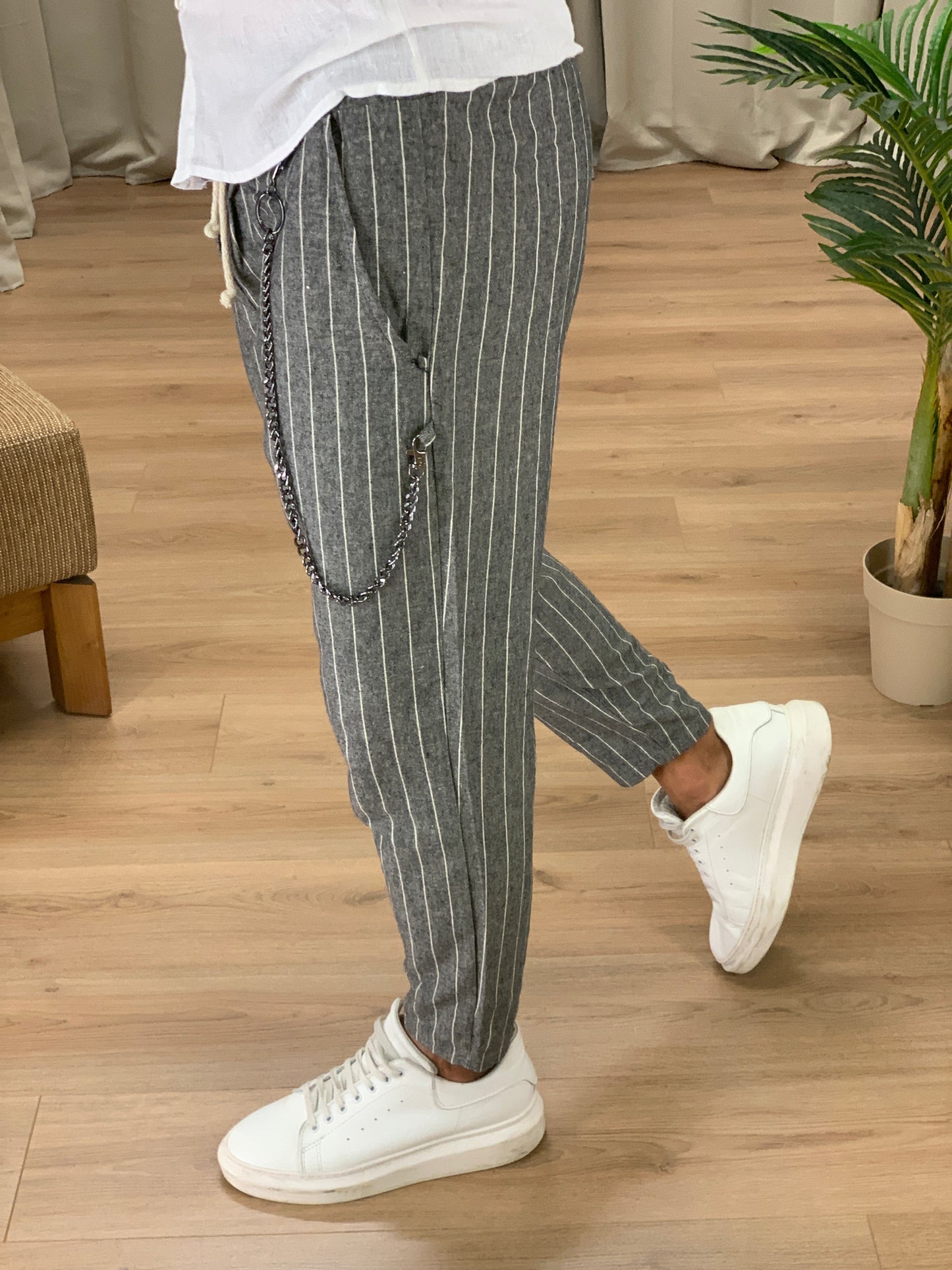 Pantalaccio Frost effetto Lino Gessato a righe col. Nero