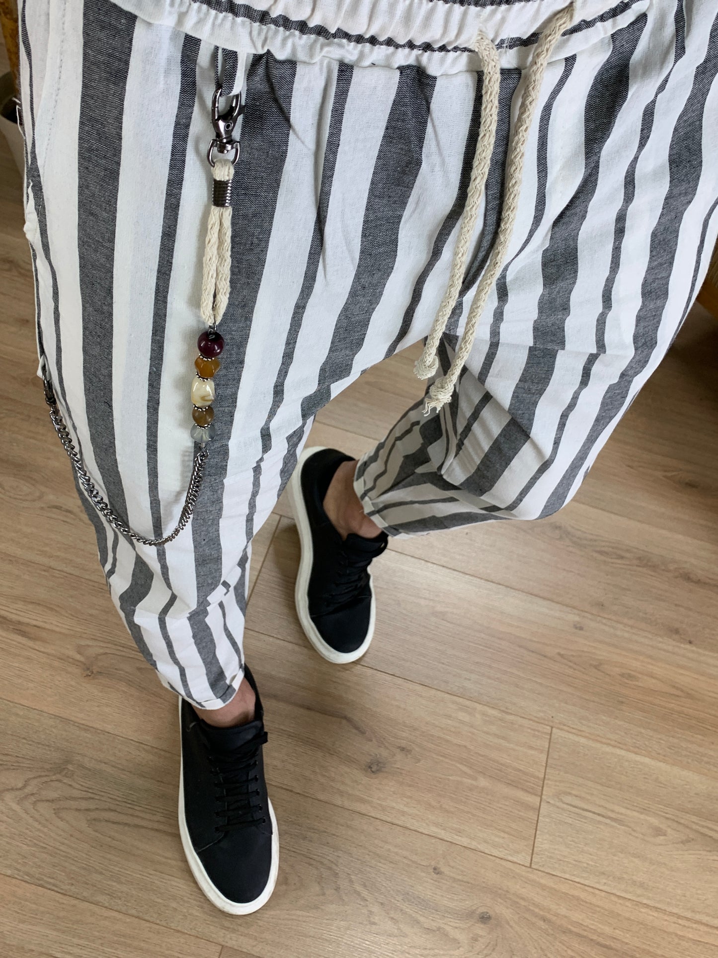 Pantalaccio Summer a righe effetto Lino col. Nero