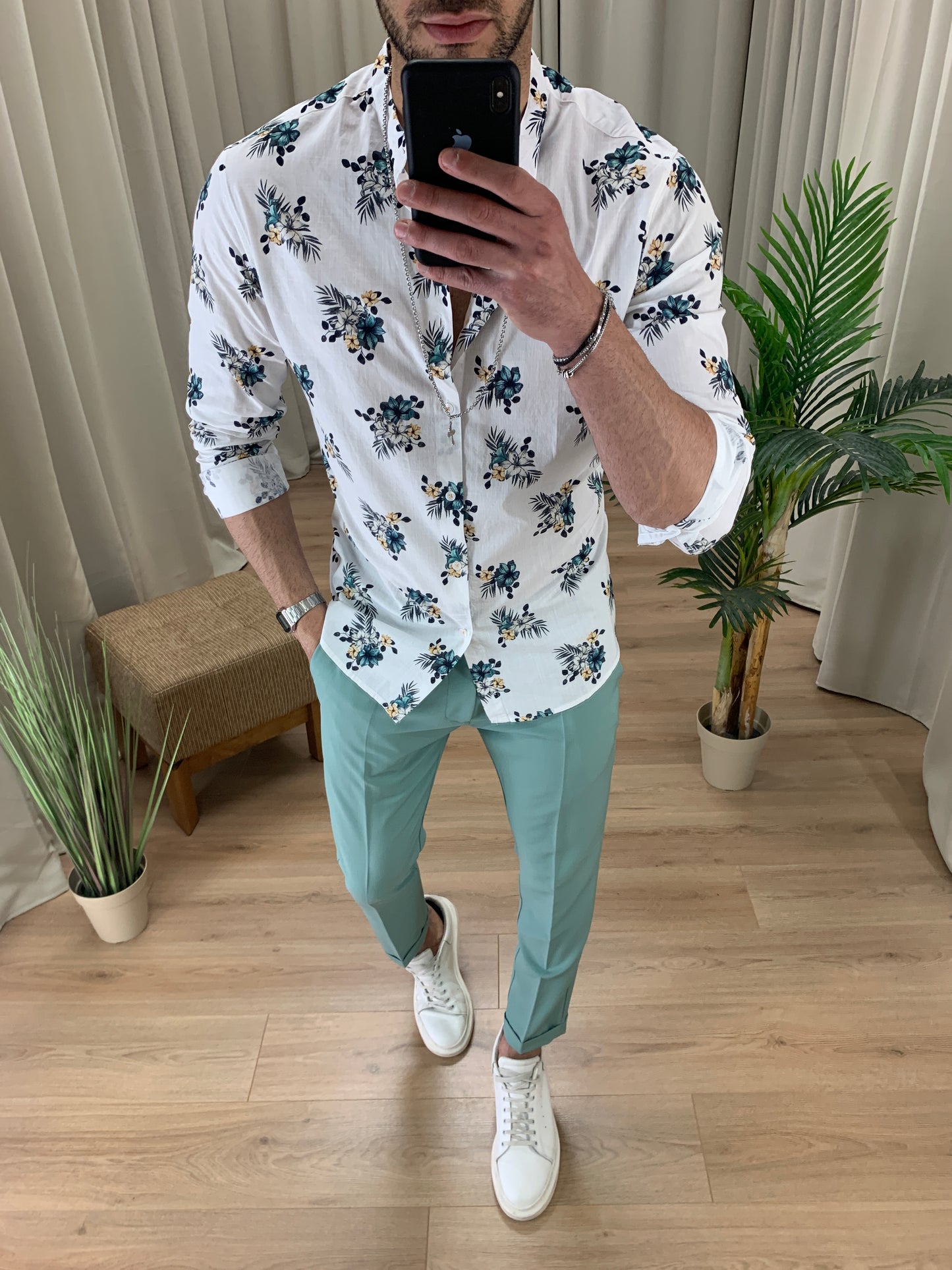 Camicia Nepavi effetto lino con fantasia col. Bianco
