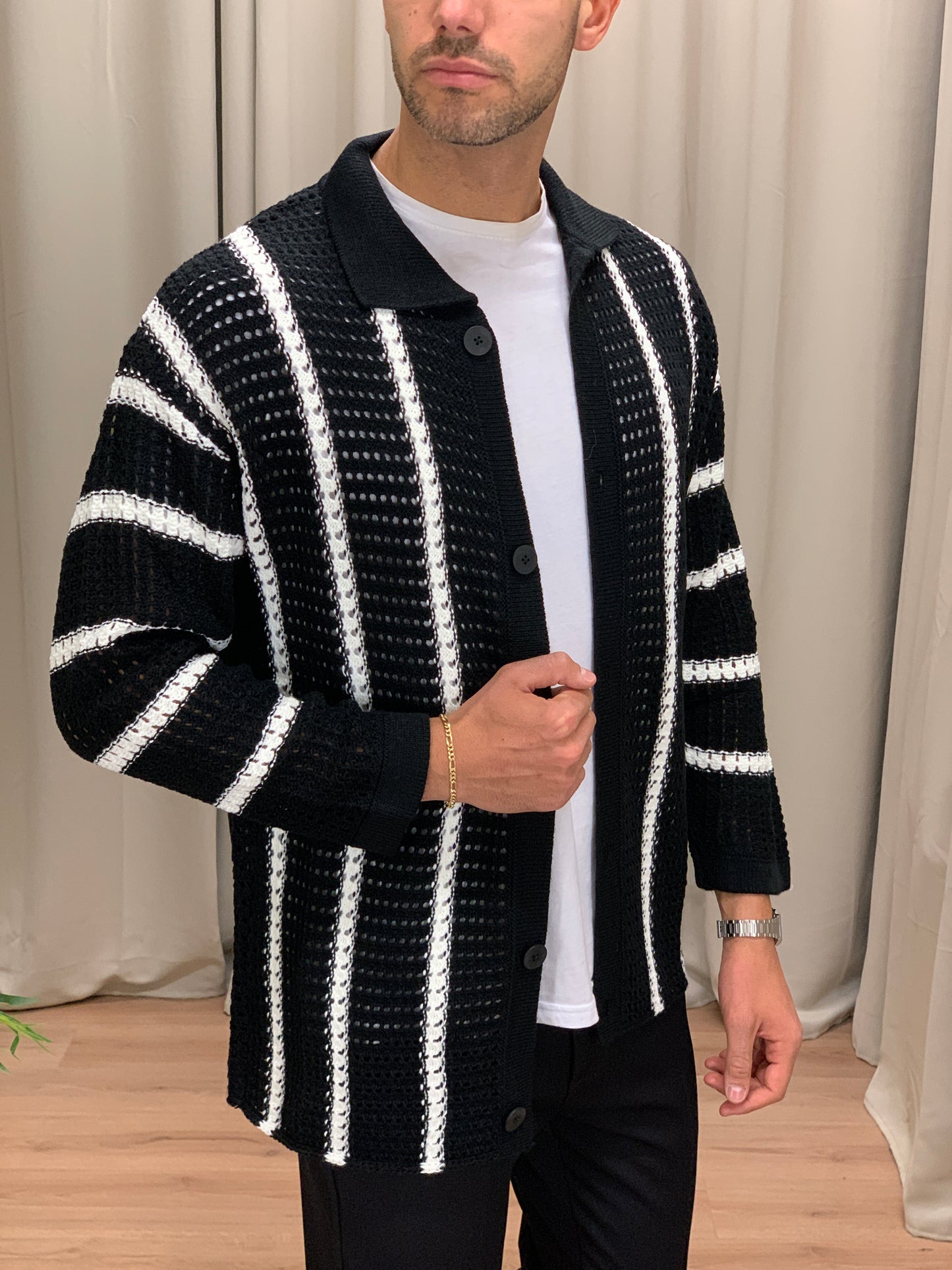 Cardigan Traforato Long misto Lana col. Nero