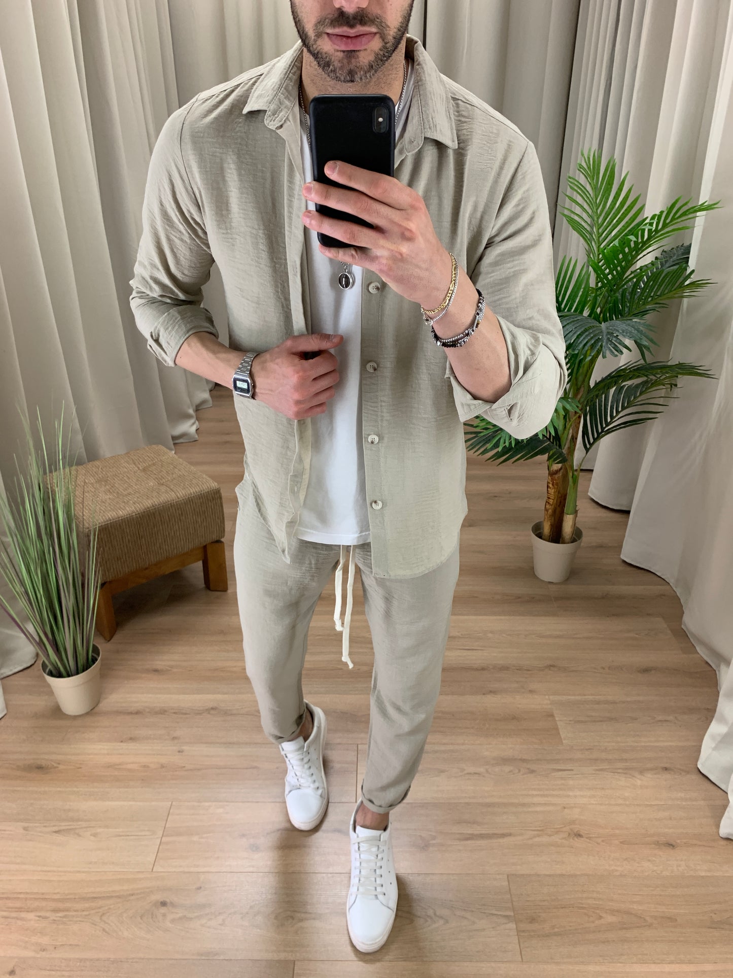 Completo 544 effetto Lino Pantalone + Camicia col. Beige